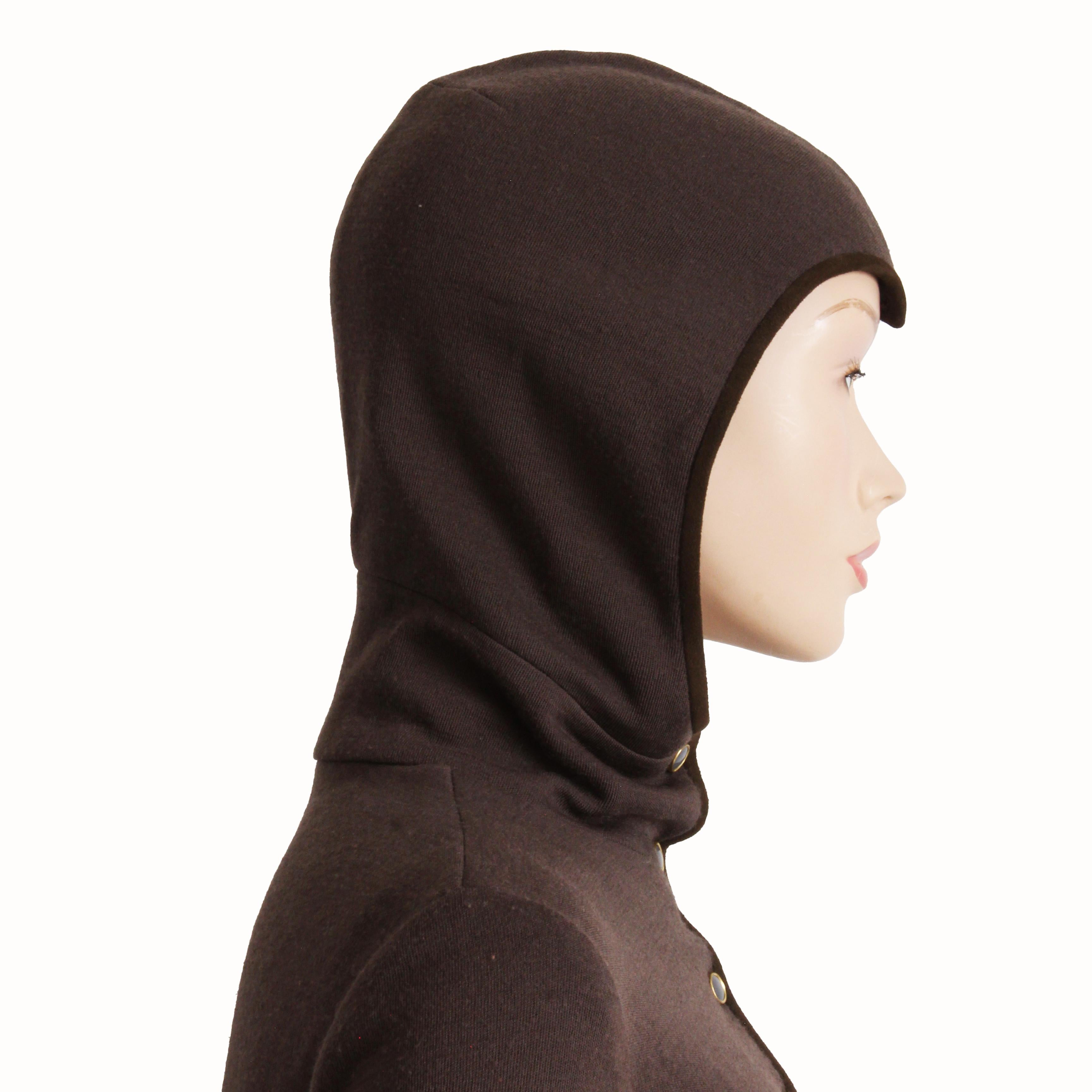 Bonnie Cashin for Sills 1960s Mini Dress Brown Knit Suede Trim Madonna Hood Rare in vendita 4