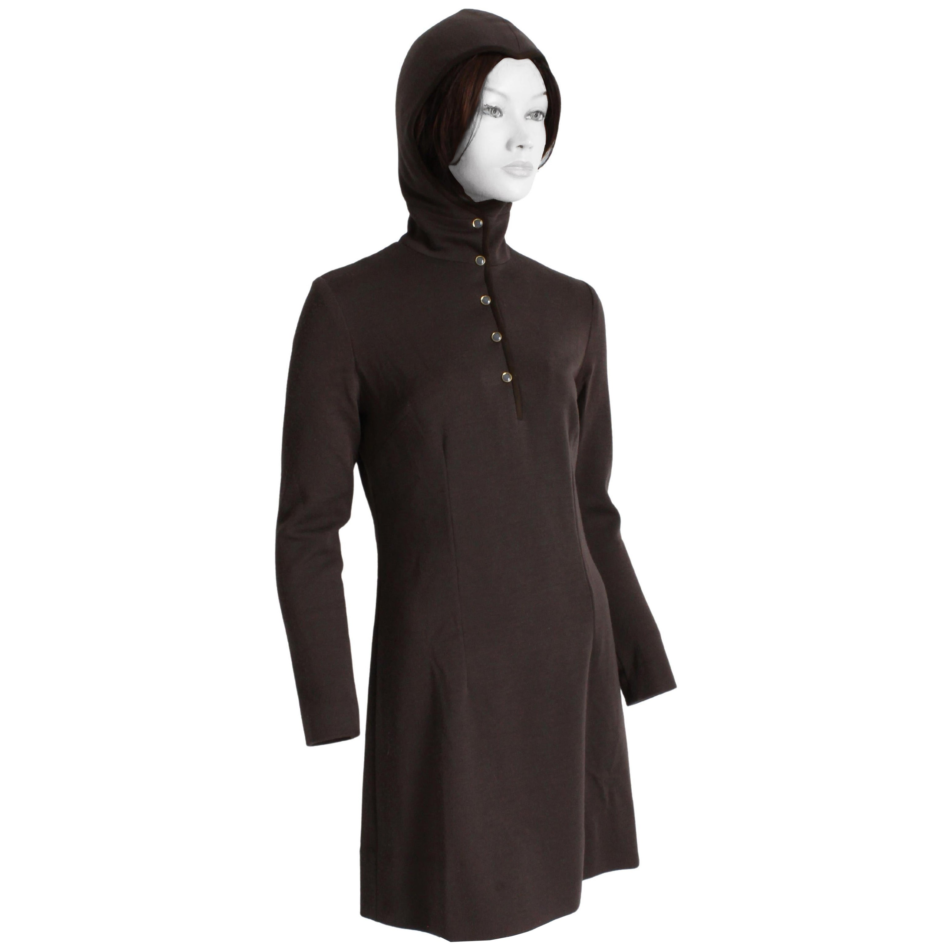 Bonnie Cashin for Sills 1960s Mini Dress Brown Knit Suede Trim Madonna Hood Rare in vendita
