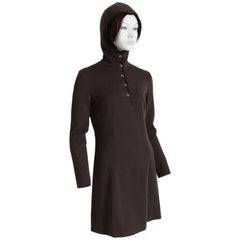 Bonnie Cashin for Sills 1960s Mini Dress Brown Knit Suede Trim Madonna Hood Rare