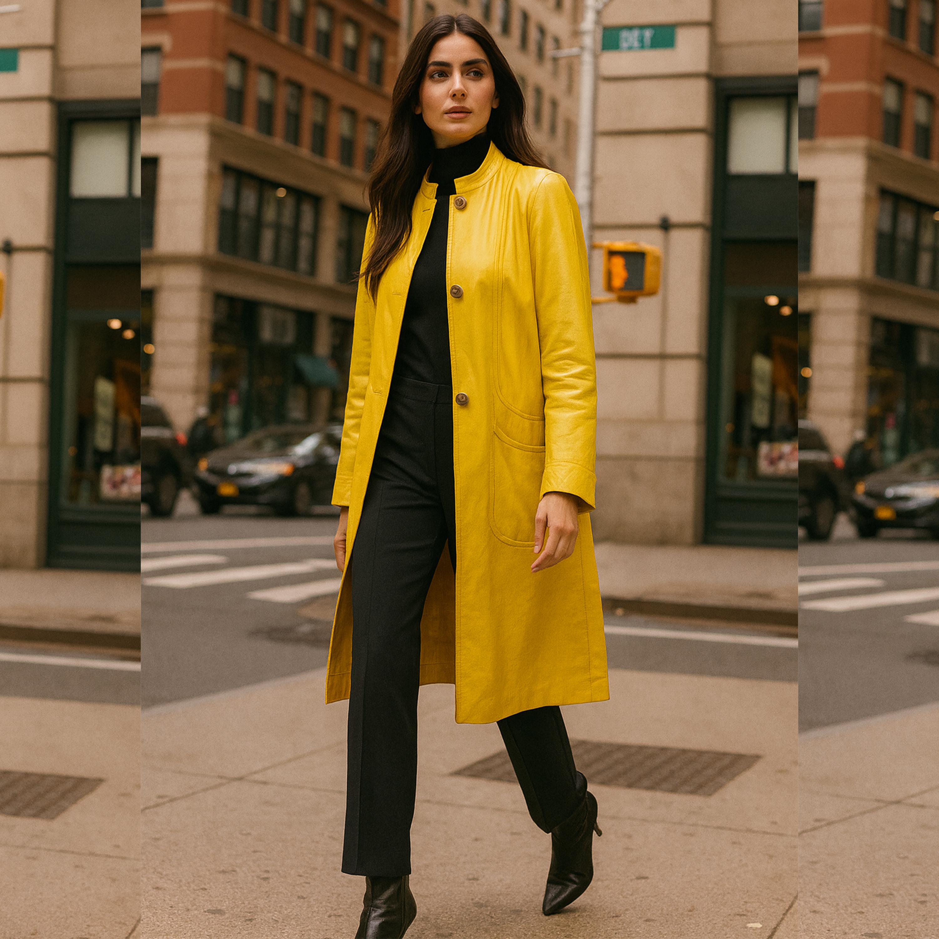 Bonnie Cashin for Sills 1960s Yellow Leather Coat Mod Vintage Long Jacket Rare In Good Condition For Sale In Port Saint Lucie, FL