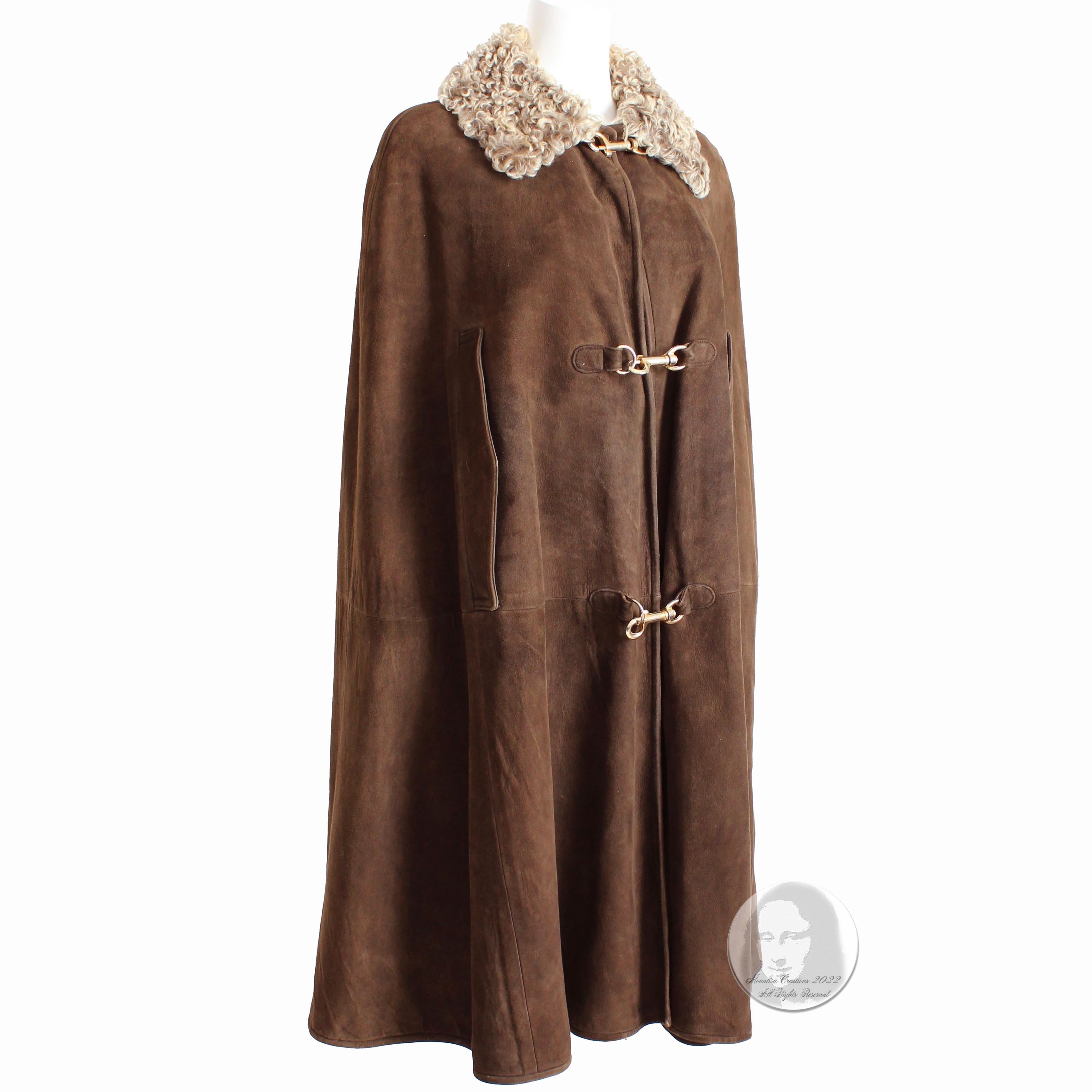 Women's Bonnie Cashin for Sills Cape Brown Suede with Curly Lamb Collar 70s Vintage OSFM