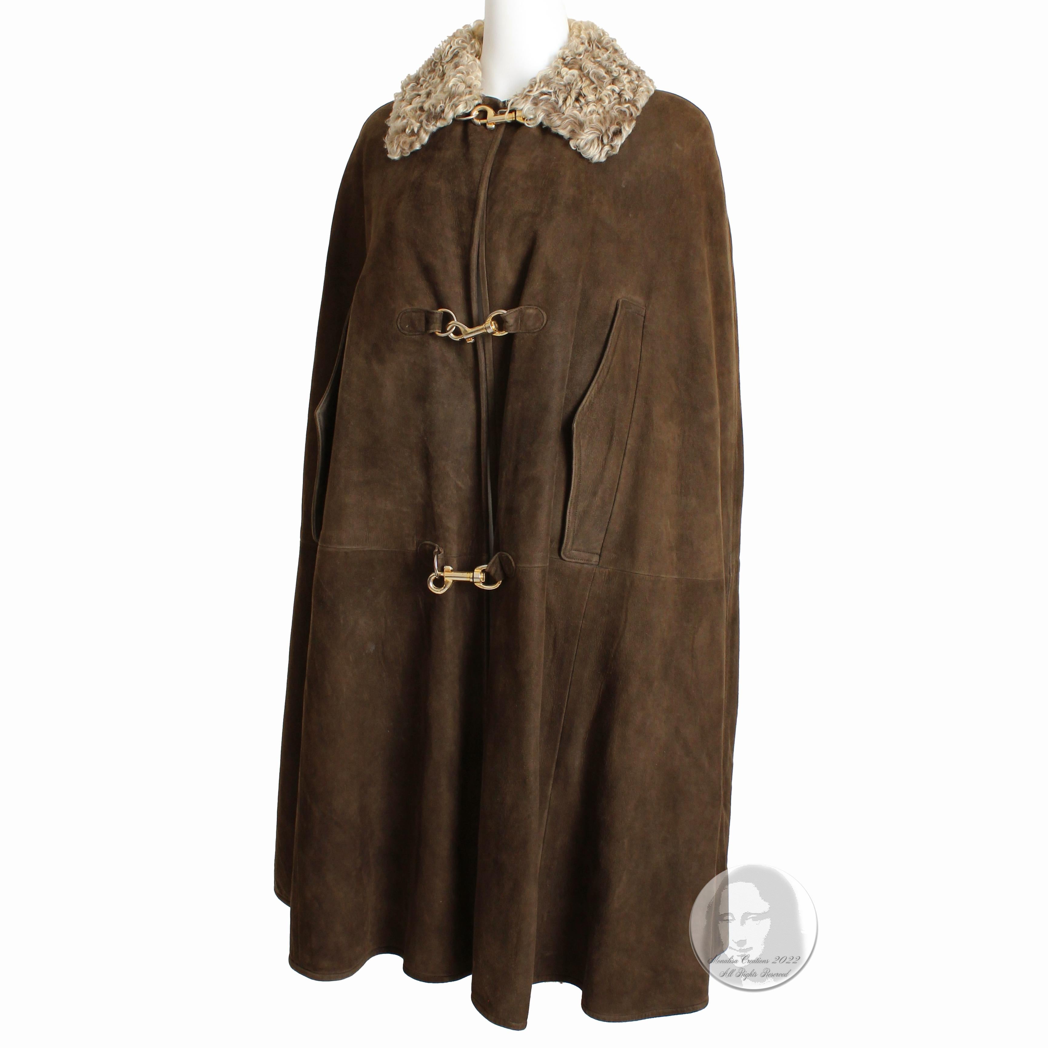 Bonnie Cashin for Sills Cape Brown Suede with Curly Lamb Collar 70s Vintage OSFM 1