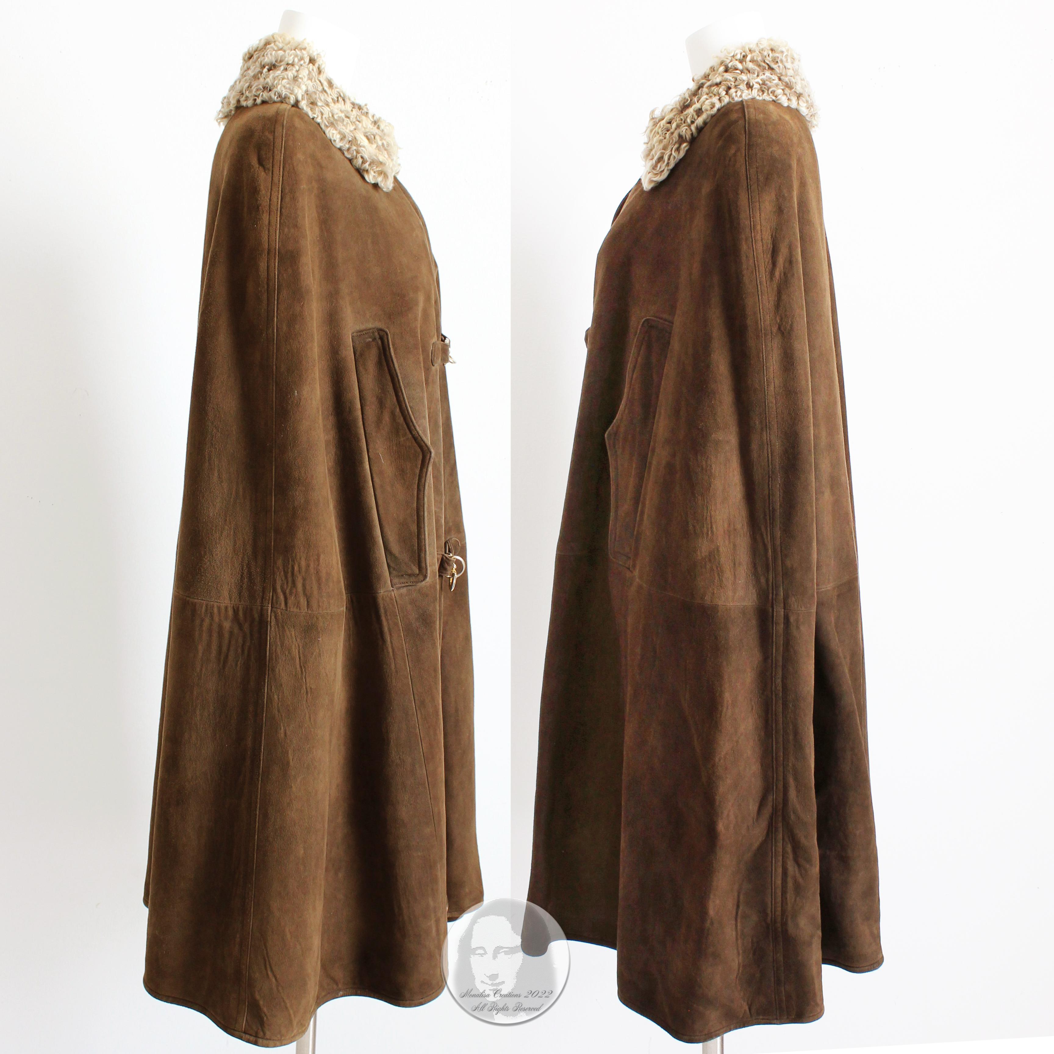 Bonnie Cashin for Sills Cape Brown Suede with Curly Lamb Collar 70s Vintage OSFM 2