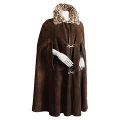 Bonnie Cashin for Sills Cape Brown Suede with Curly Lamb Collar 70s Vintage OSFM