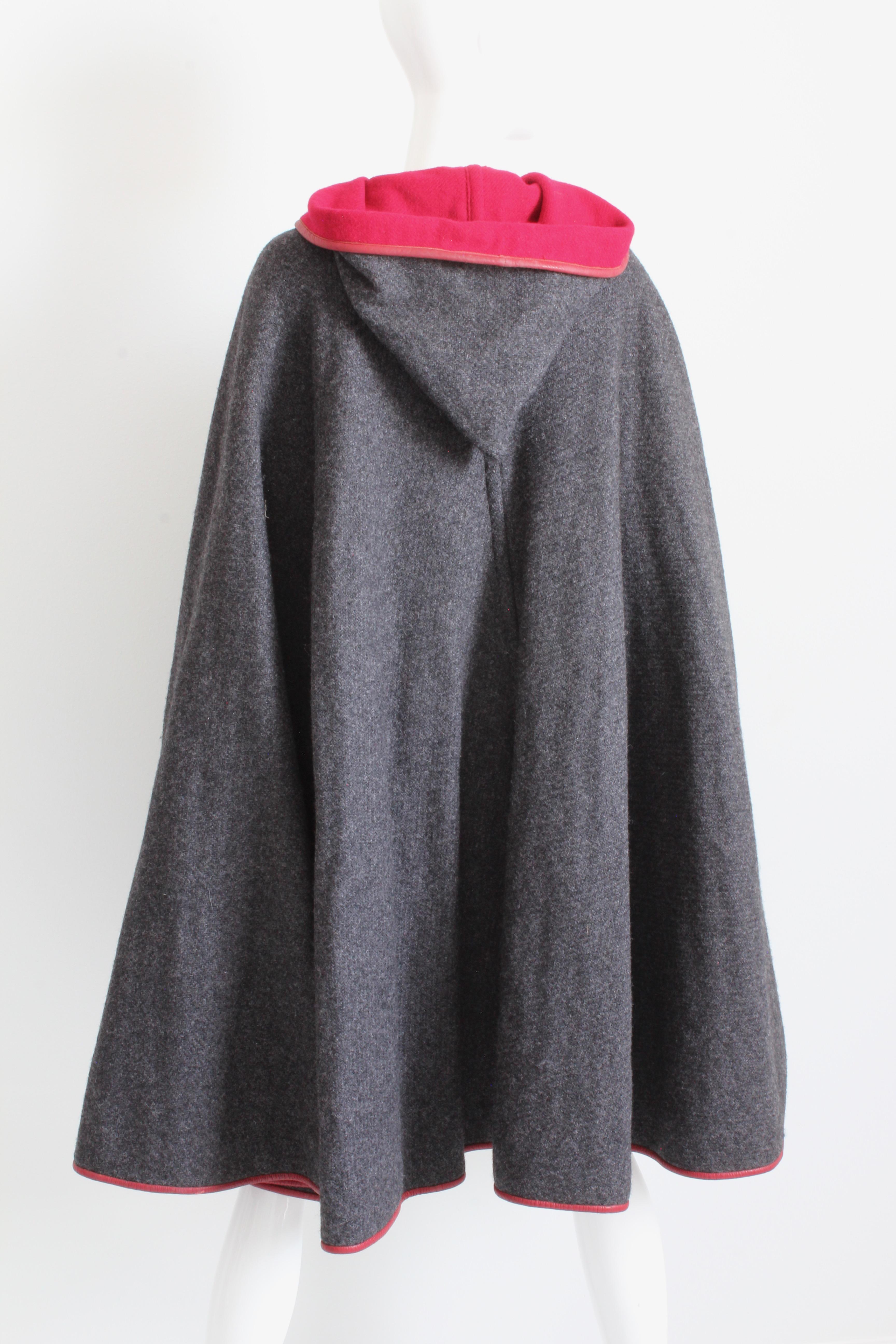 Women's Bonnie Cashin for Sills Cape Hooded Charcoal Wool Red Leather Trim Rare Vintage For Sale