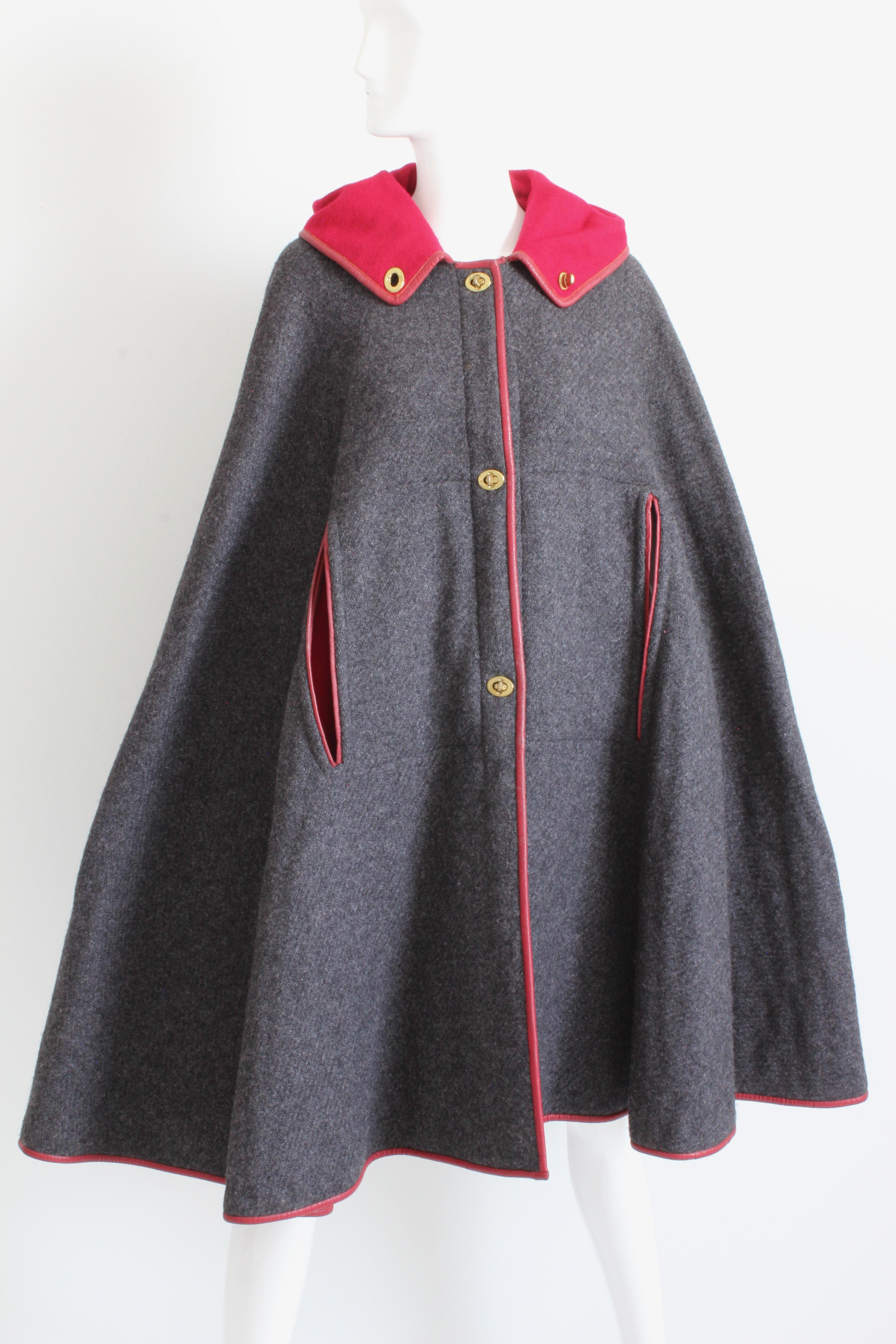 Bonnie Cashin for Sills Cape Hooded Charcoal Wool Red Leather Trim Rare Vintage For Sale 1
