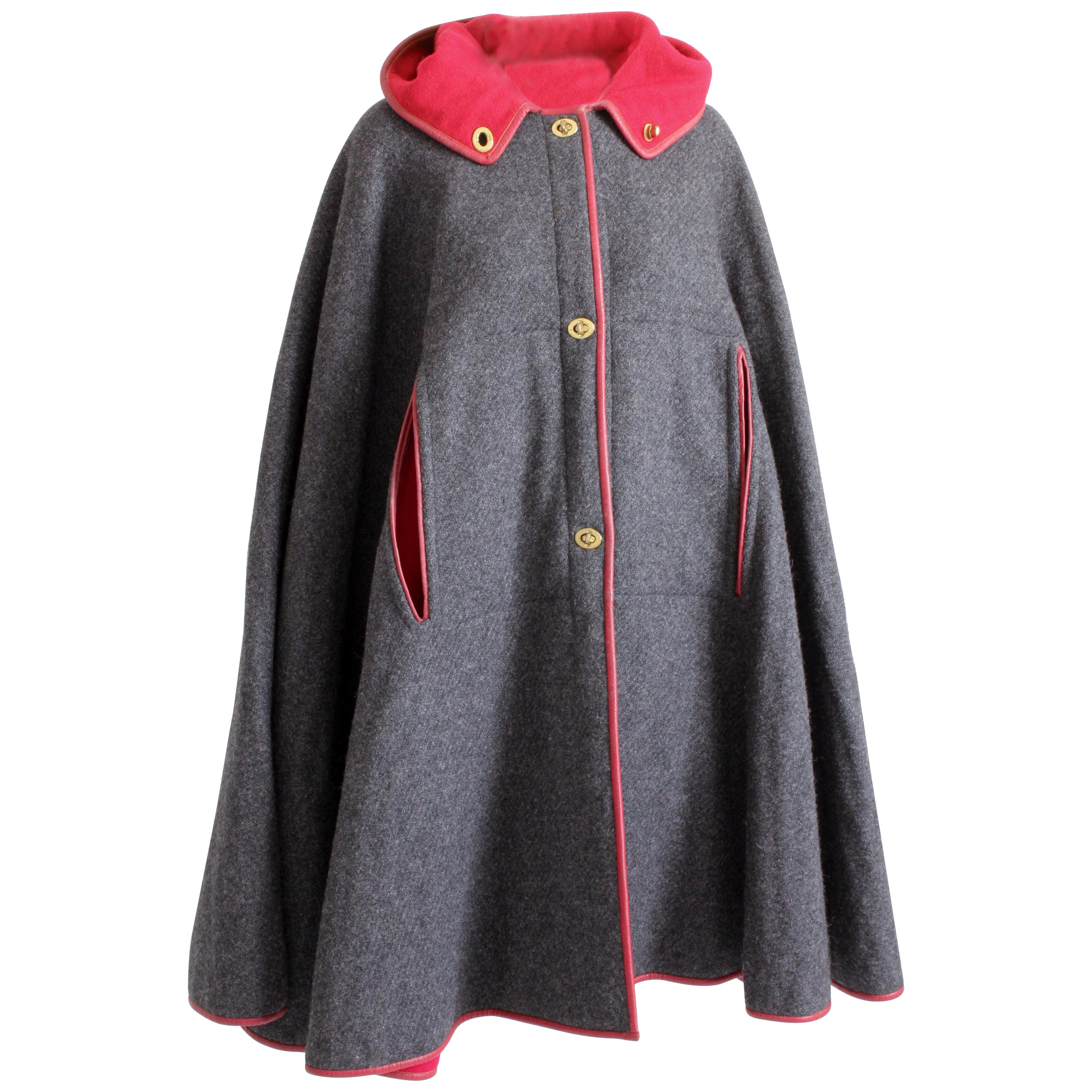 Bonnie Cashin for Sills Cape Hooded Charcoal Wool Red Leather Trim Rare Vintage For Sale