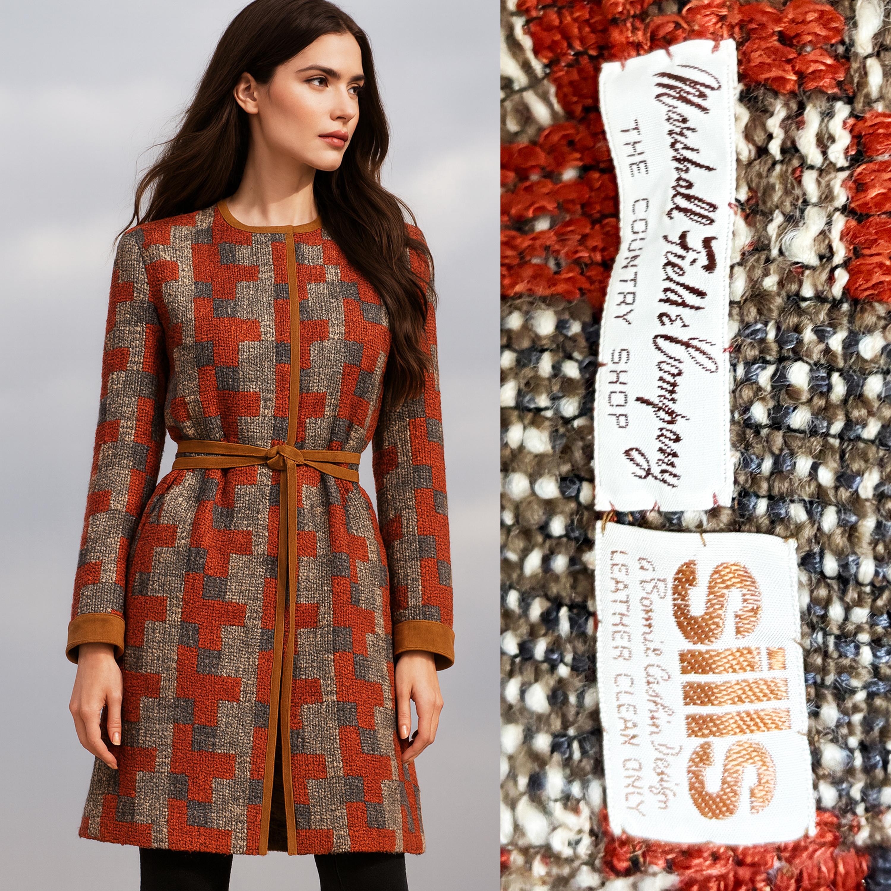 Brown Bonnie Cashin for Sills Coat 1960s Tweed Knit Suede Trim Wrap Tie Waist Vintage For Sale