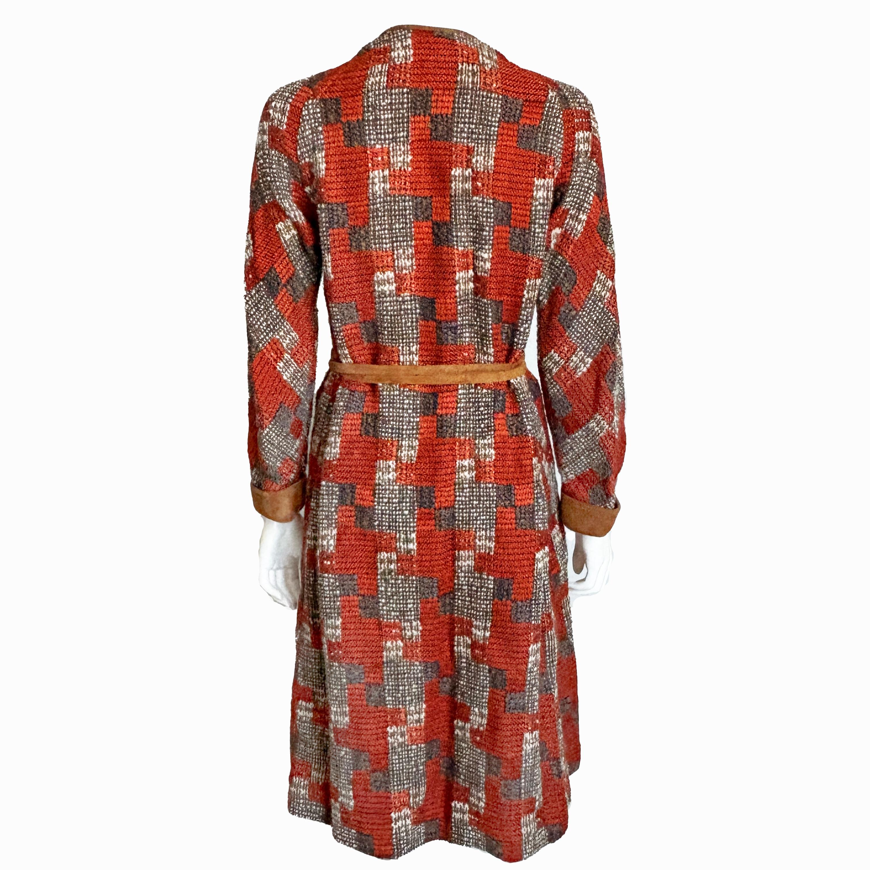 Bonnie Cashin for Sills Coat 1960s Tweed Knit Suede Trim Wrap Tie Waist Vintage For Sale 3