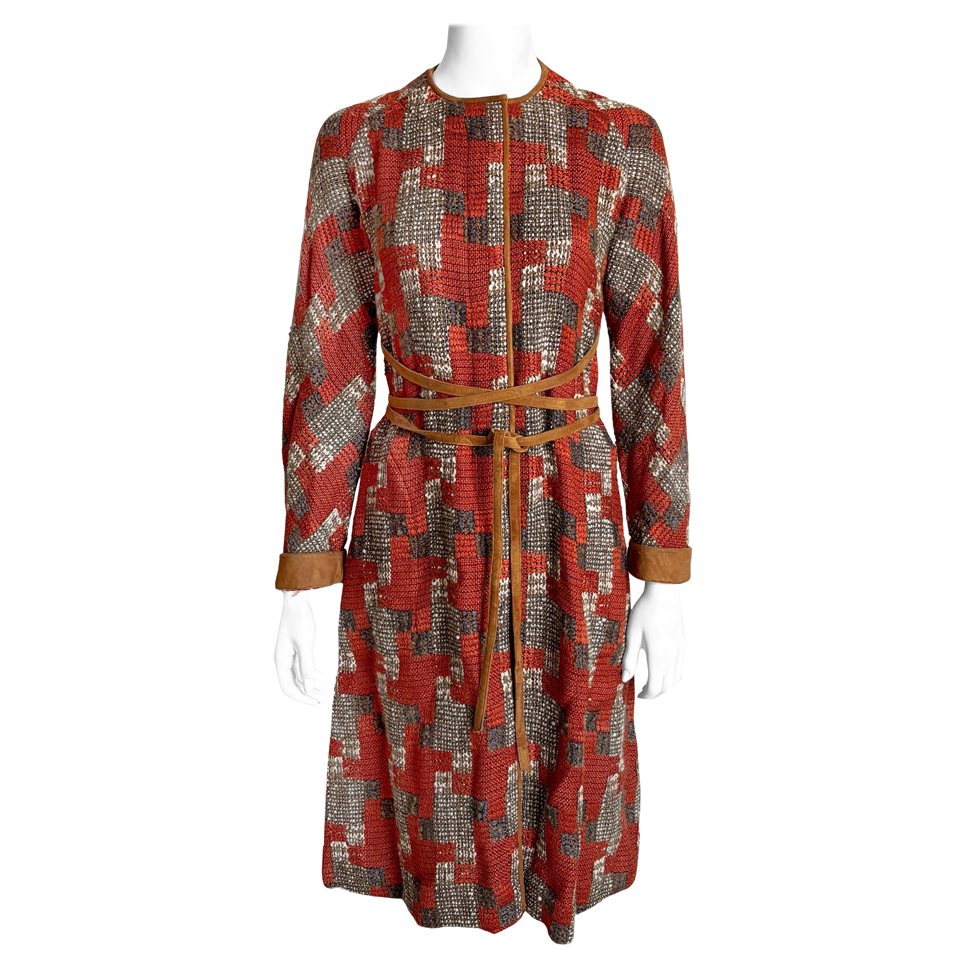 Bonnie Cashin for Sills Coat 1960s Tweed Knit Suede Trim Wrap Tie Waist Vintage