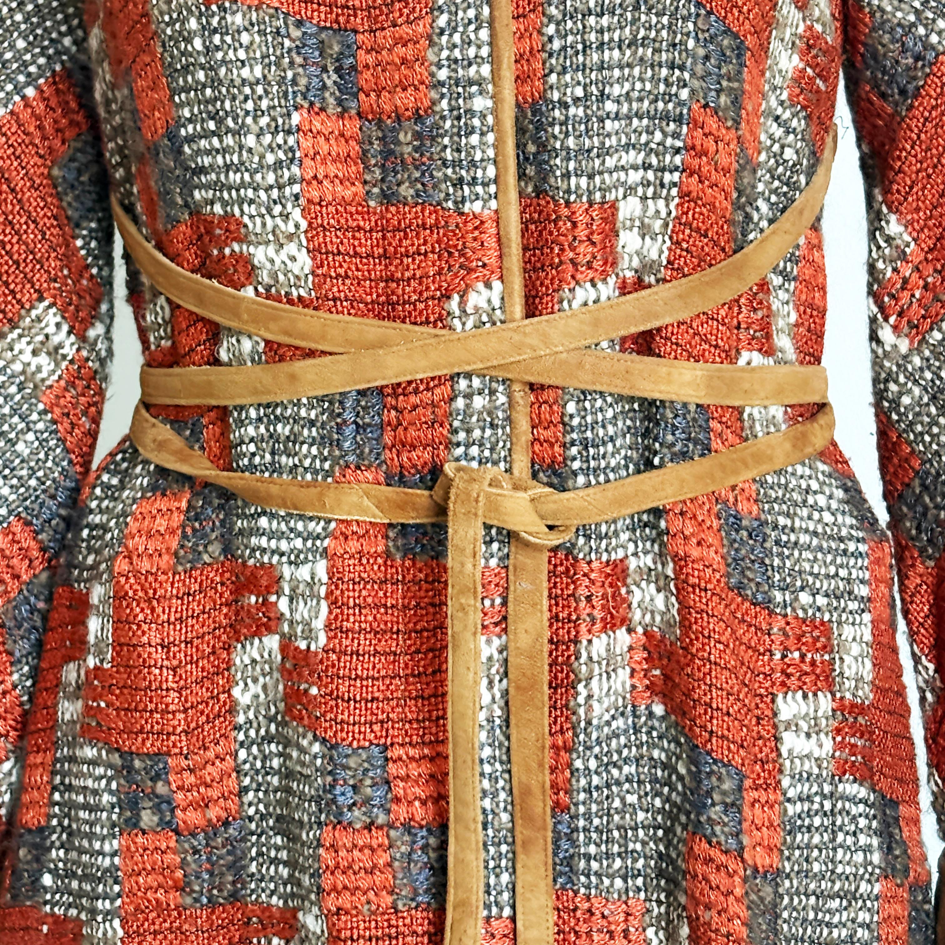 Brown Bonnie Cashin for Sills Coat Abstract Tweed Knit Suede Trim Tie Wrap Waist 60s For Sale