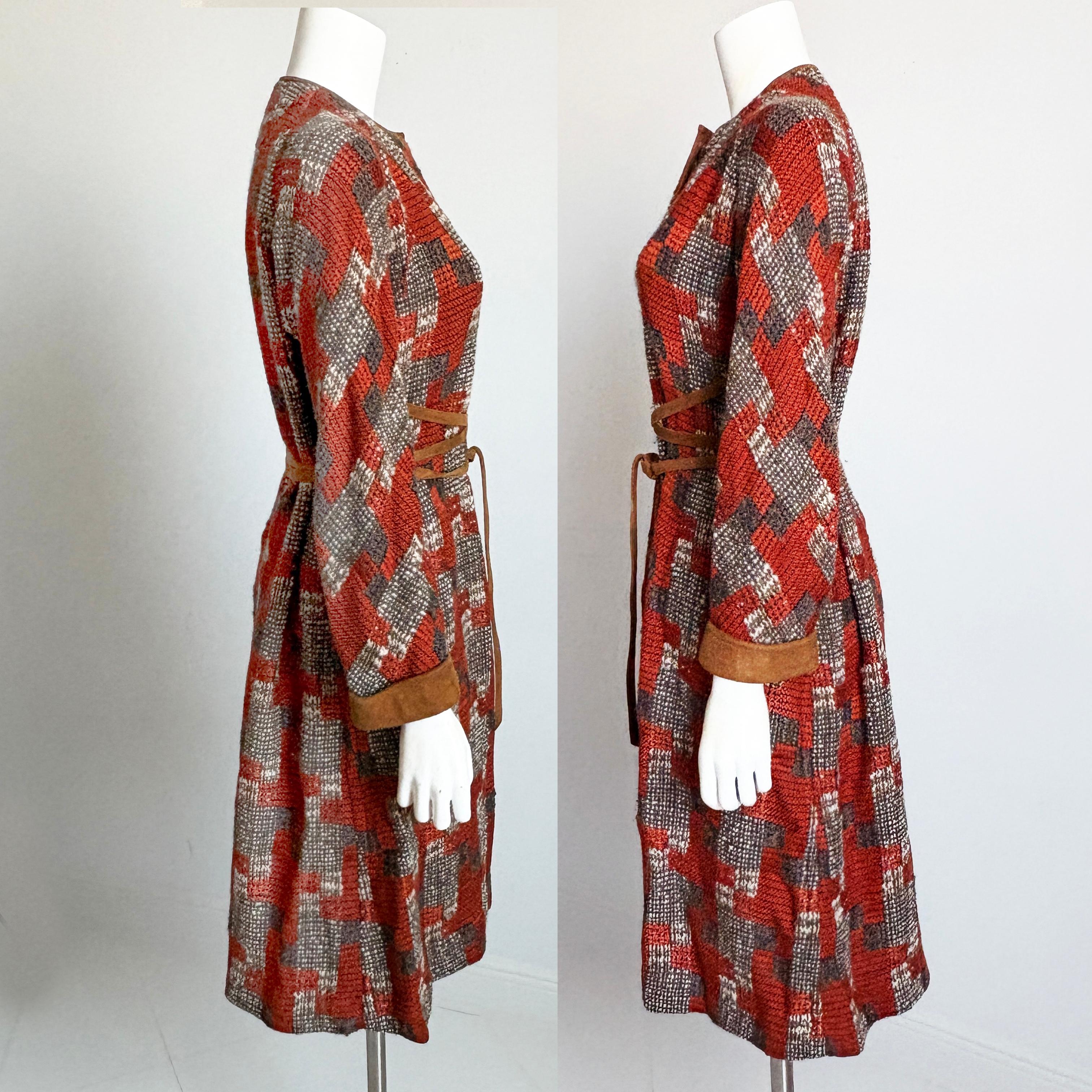 Bonnie Cashin for Sills Coat Abstract Tweed Knit Suede Trim Tie Wrap Waist 60s For Sale 1