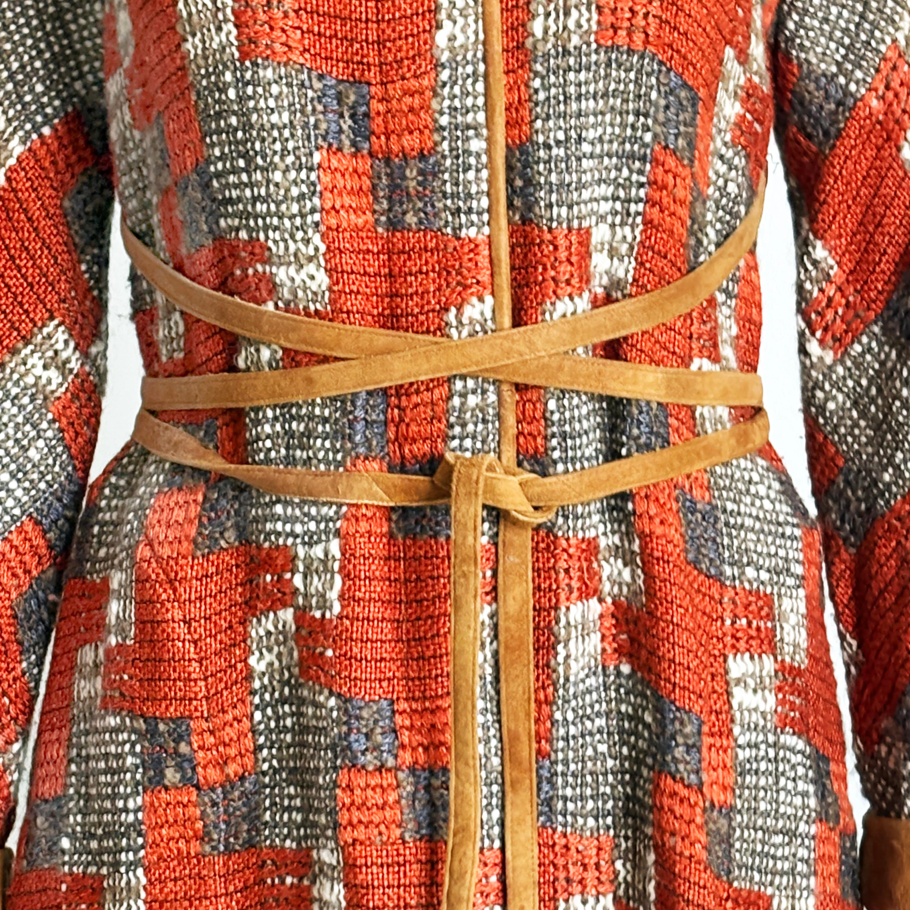 Bonnie Cashin for Sills Coat Abstract Tweed Knit Suede Trim Tie Wrap Waist 60s For Sale 3