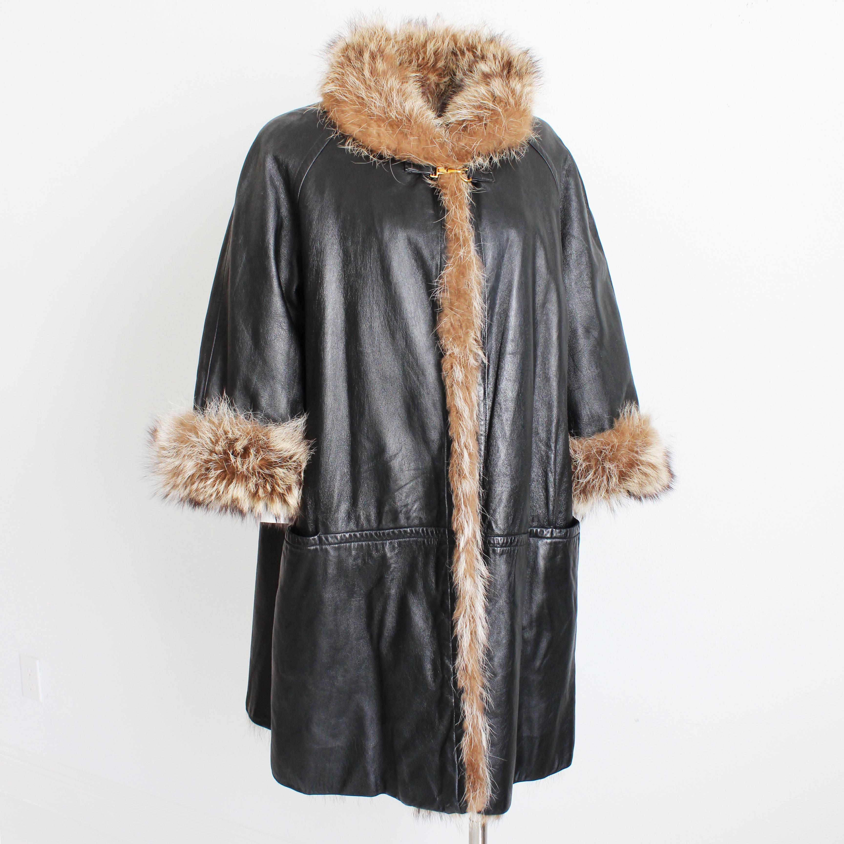 Women's Bonnie Cashin for Sills Coat Black Leather Reversible Raccoon Fur Vintage 1960s  For Sale