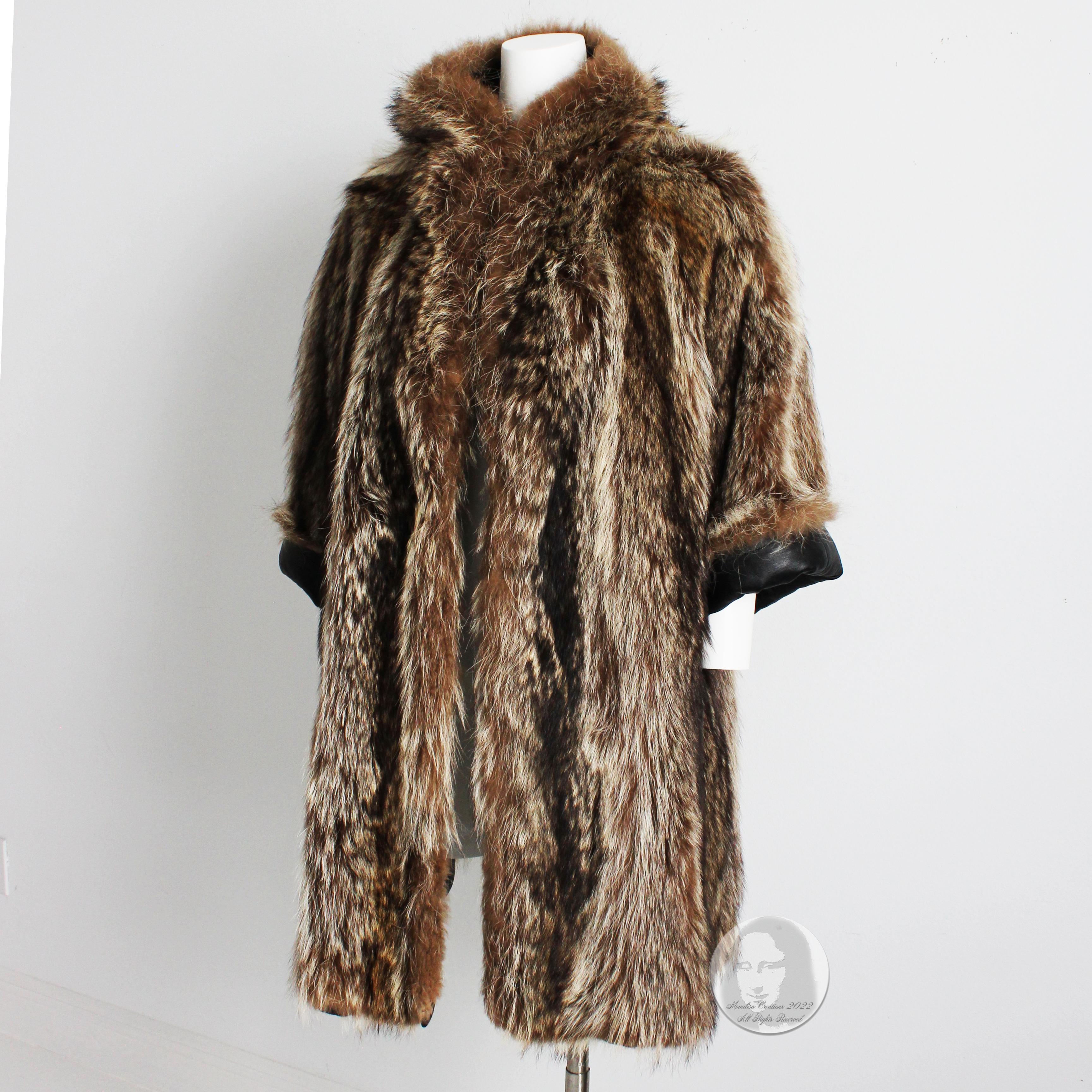 Women's Bonnie Cashin for Sills Coat Black Leather Reversible Raccoon Fur Vintage 1960s  For Sale