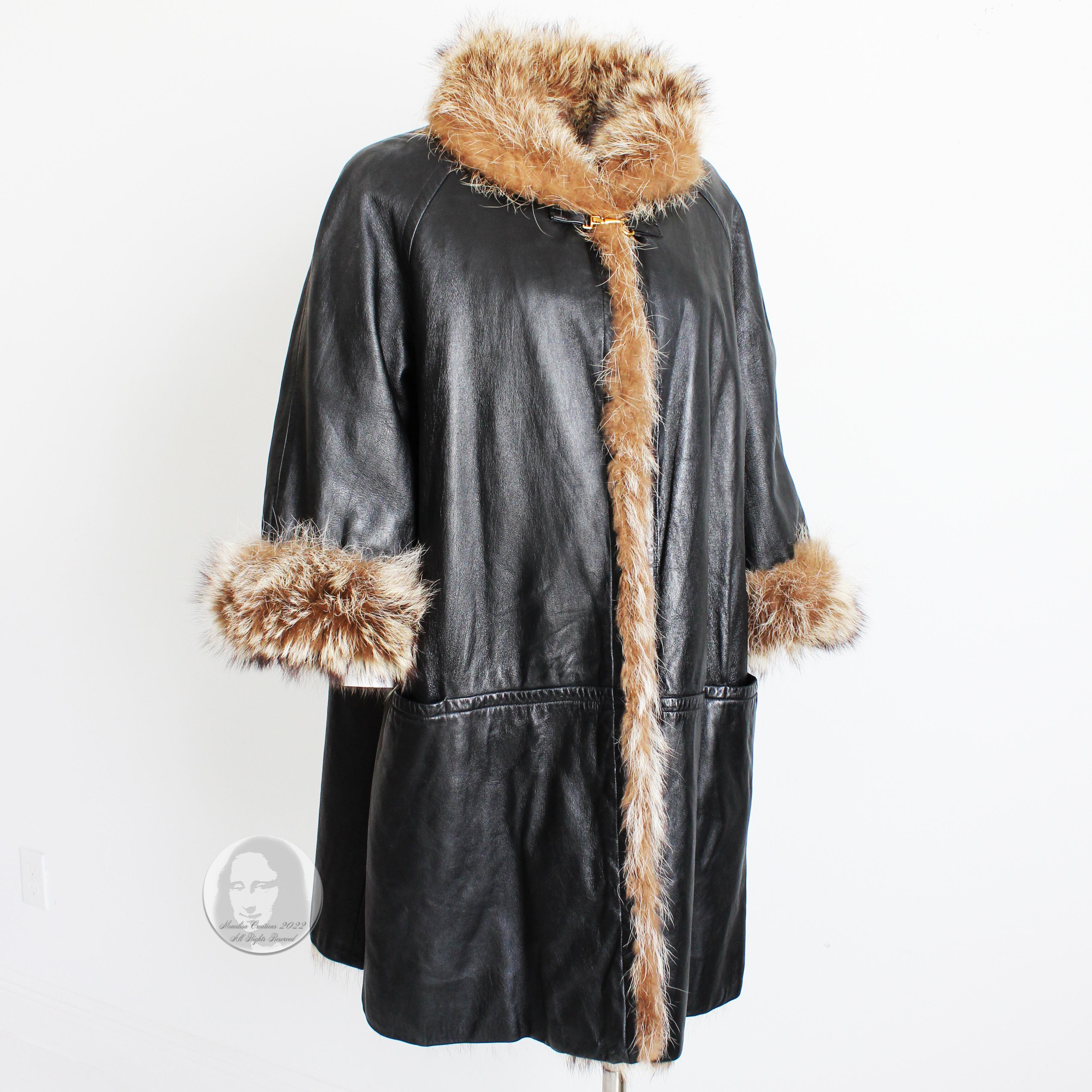 Bonnie Cashin for Sills Coat Black Leather Reversible Raccoon Fur Vintage 1960s  For Sale 2
