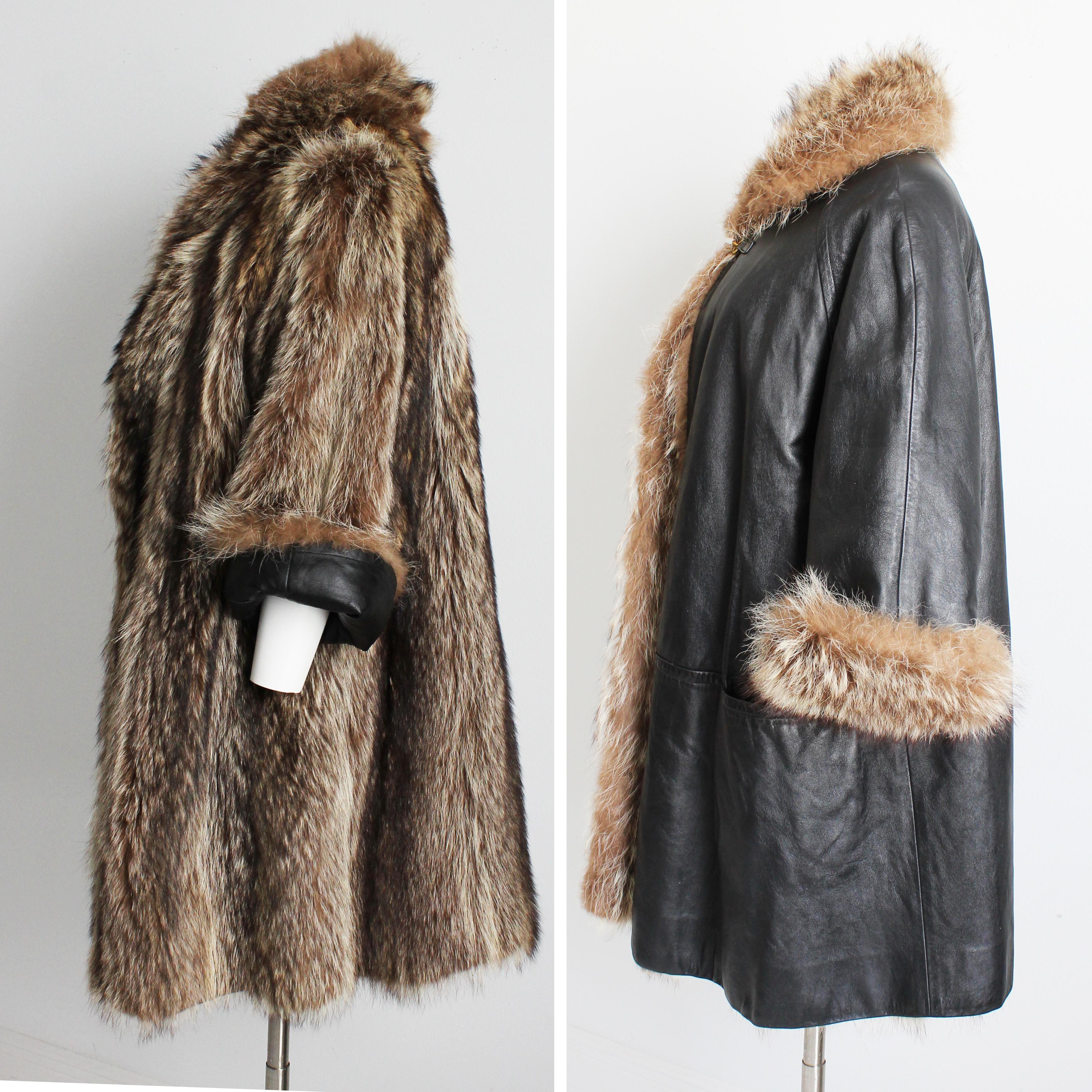 Bonnie Cashin for Sills Coat Black Leather Reversible Raccoon Fur Vintage 1960s  For Sale 6