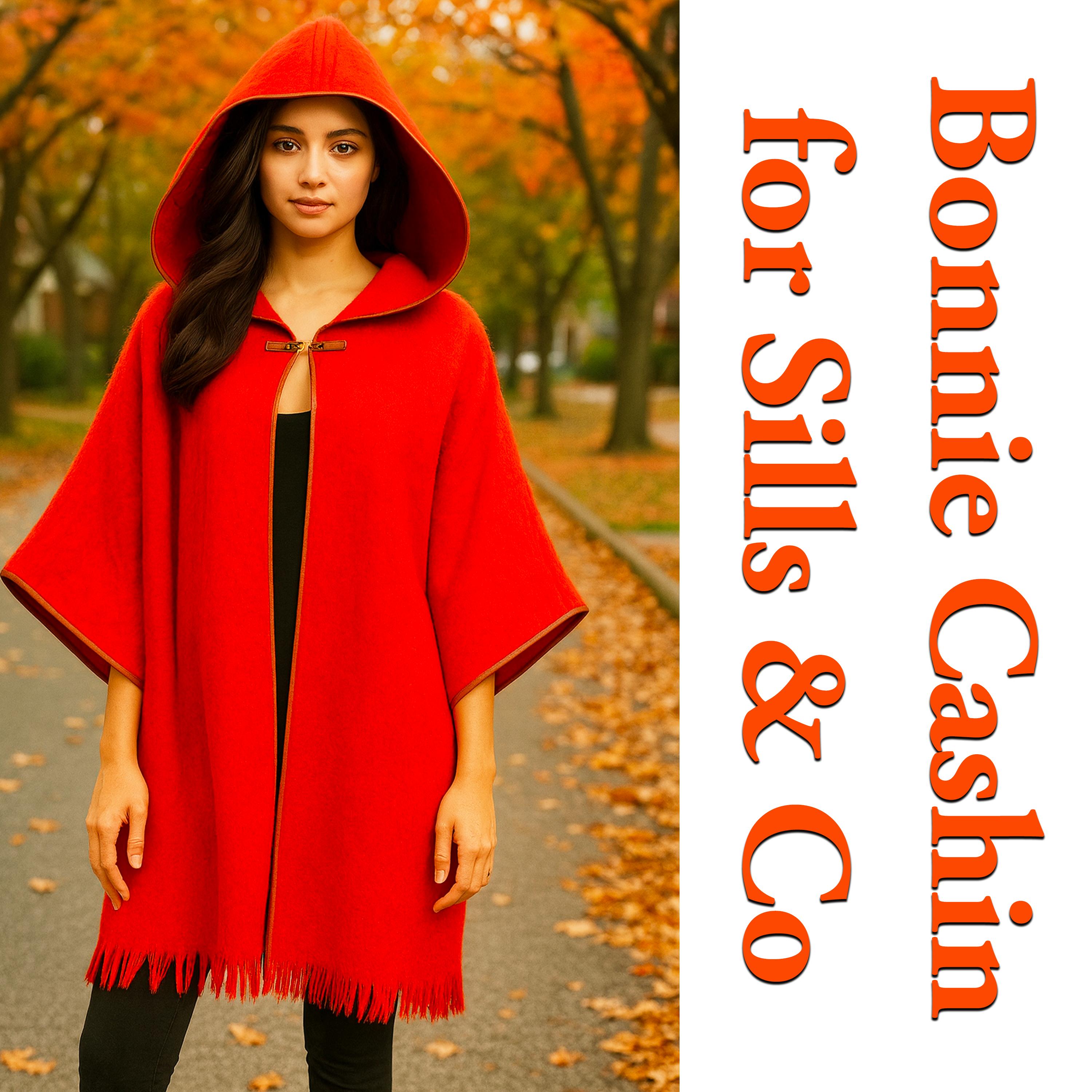 Bonnie Cashin for Sills Abrigo Kimono Manga Mohair Lana Con Capucha Recorte Cuero Años 60 Rojo en venta