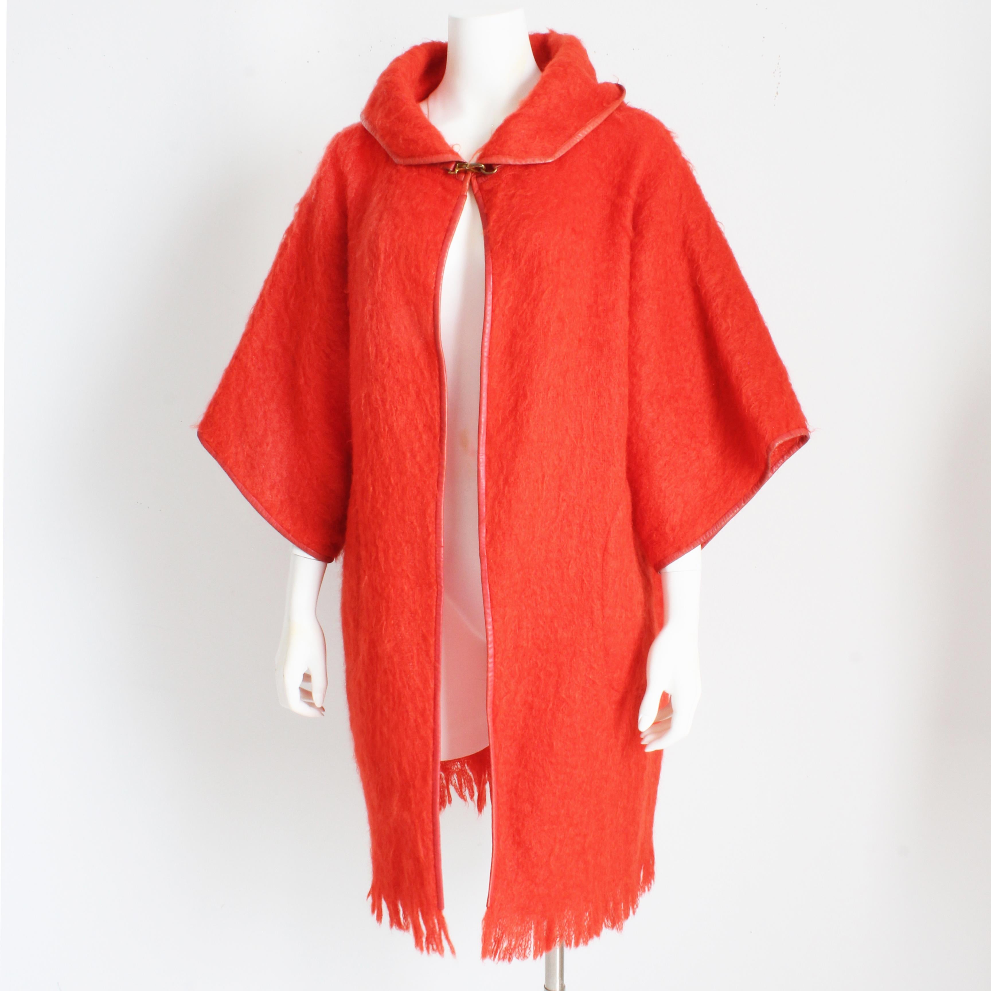 Bonnie Cashin for Sills Coat Kimono Sleeve Mohair Wool Hooded Leather Trim 60s For Sale 1