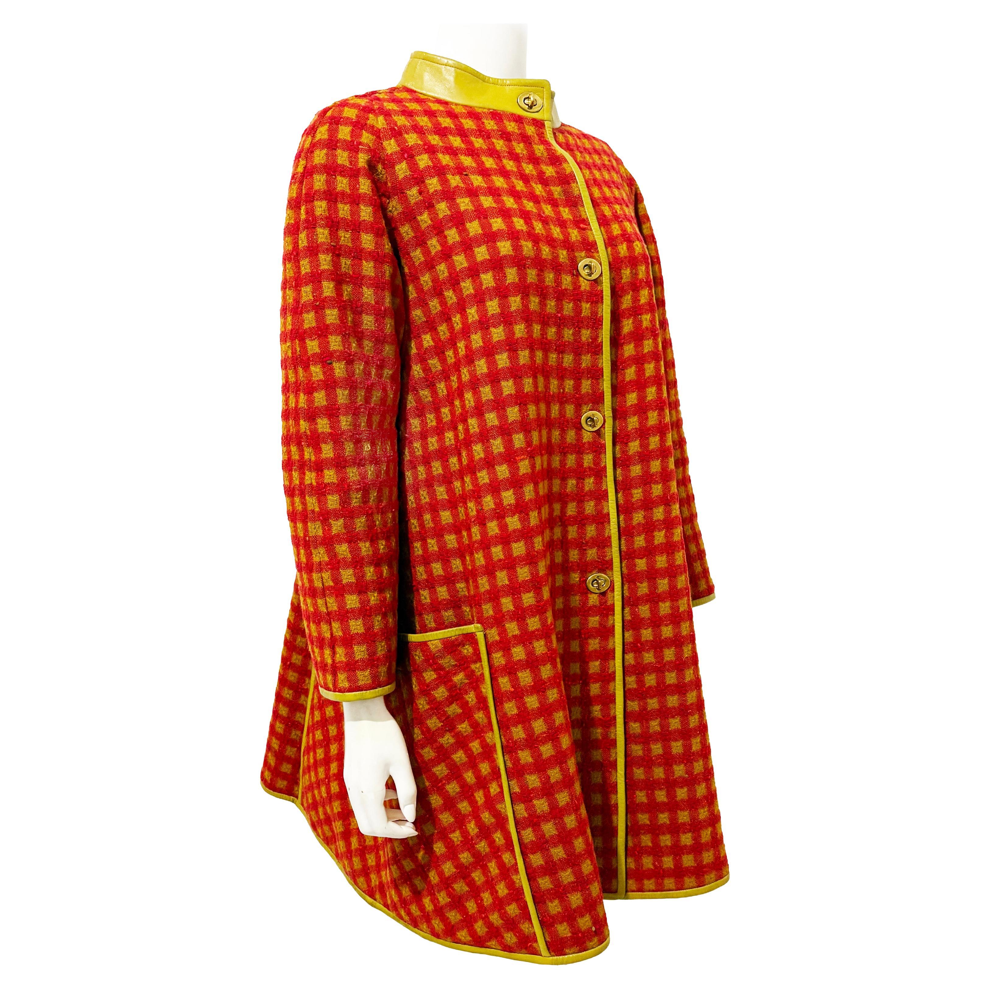 Bonnie Cashin for Sills Coat Large Pocket Pink Check Wool Lime Leather Trim 60s