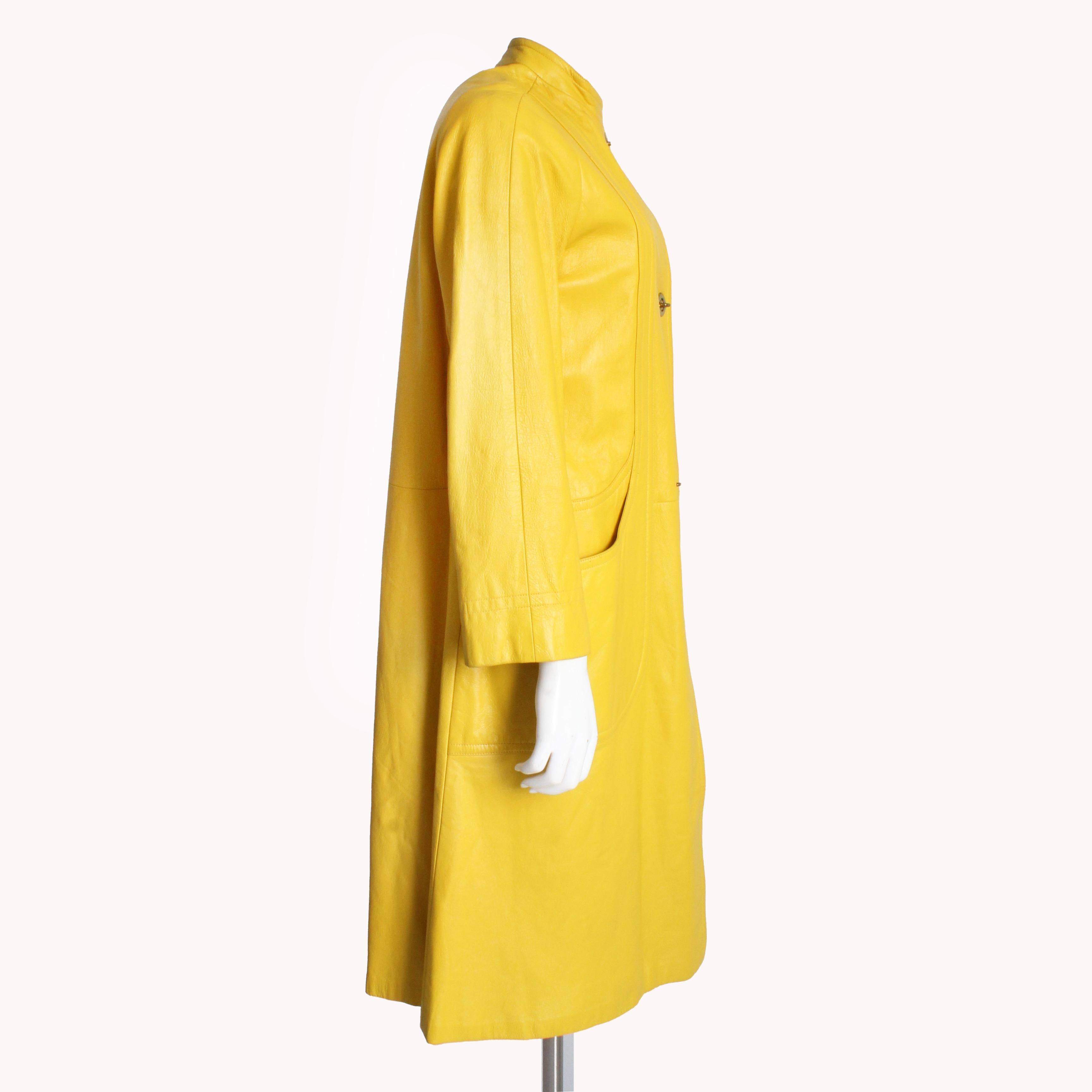 Bonnie Cashin for Sills Coat Long Leather Jacket Bright Yellow Mod Vintage 60s  For Sale 1