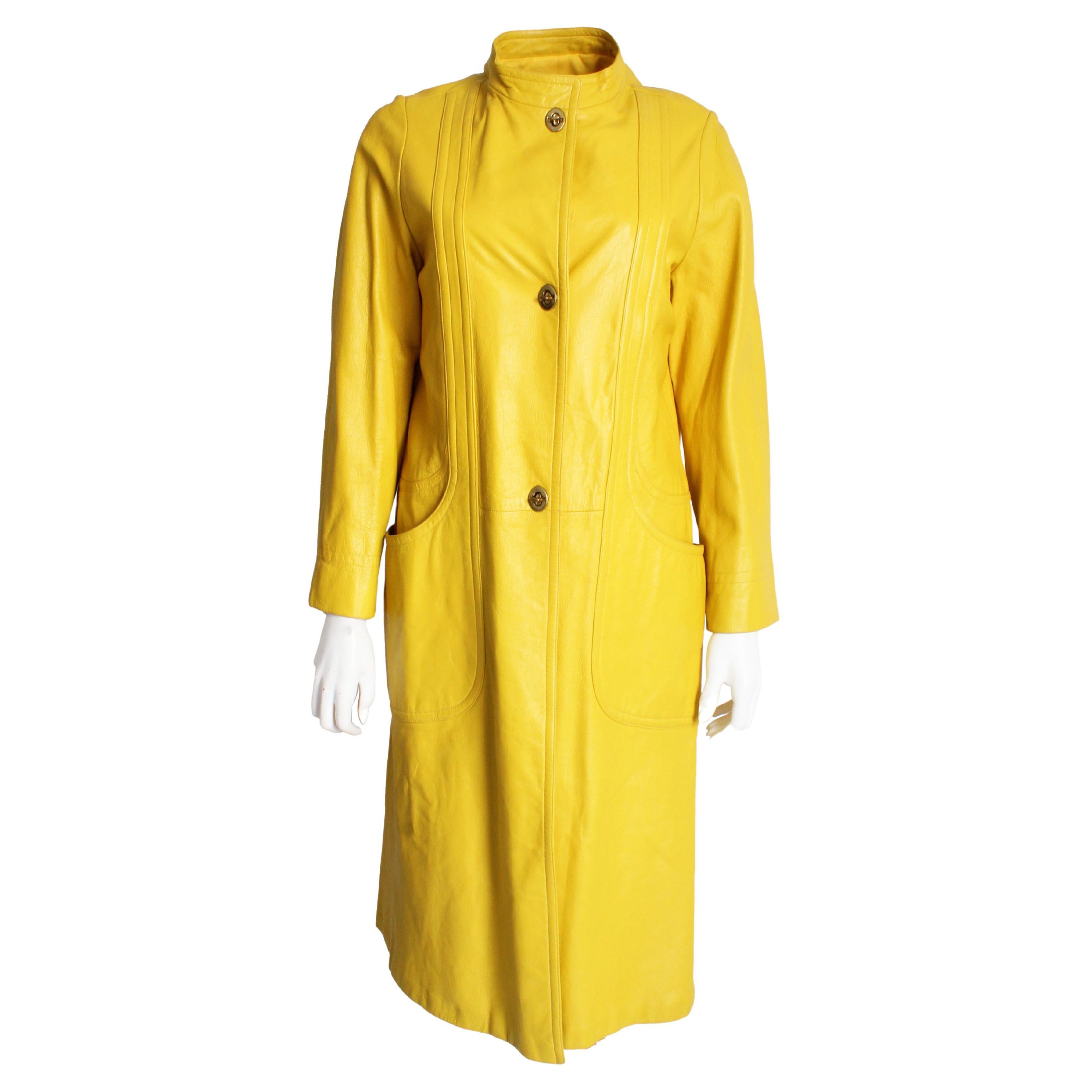 Bonnie Cashin for Sills Coat Long Leather Jacket Bright Yellow Mod Vintage 60s  For Sale