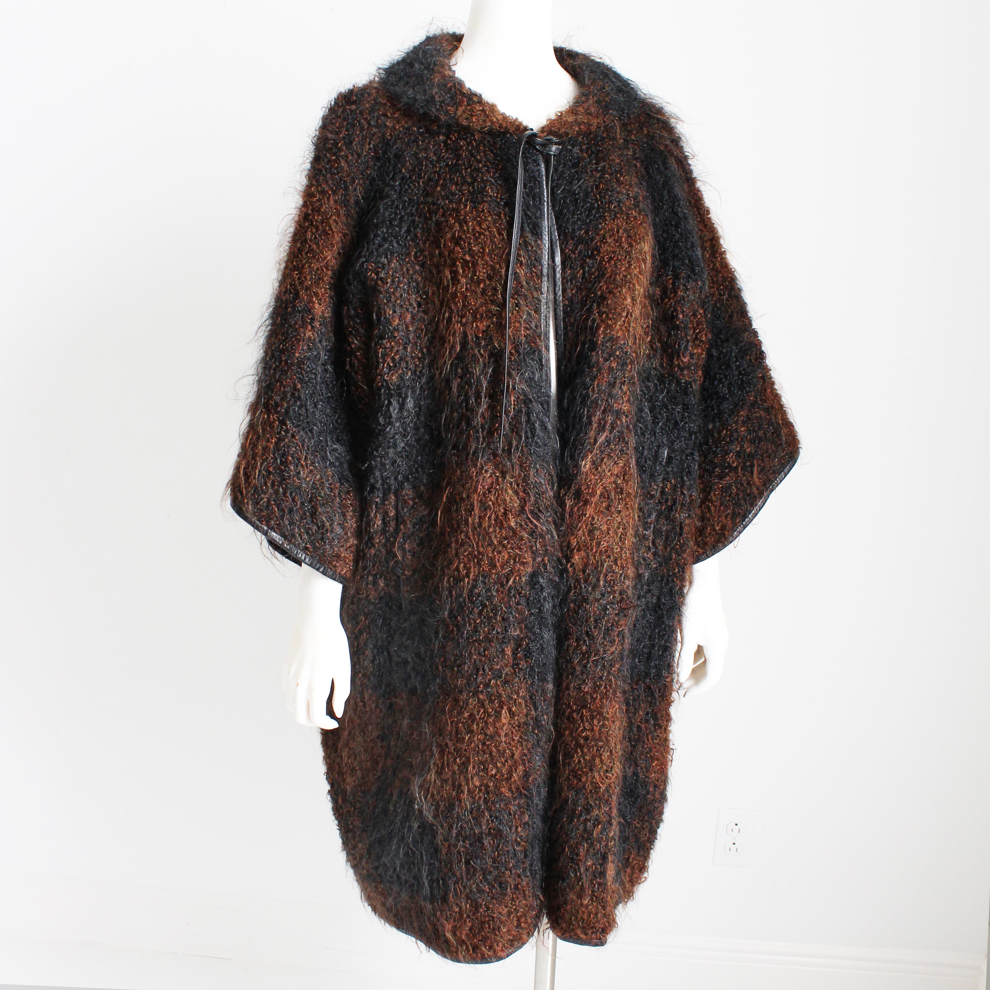 Black Bonnie Cashin for Sills Coat NOH Mohair Knit Leather Trim Museum Piece Rare OS For Sale