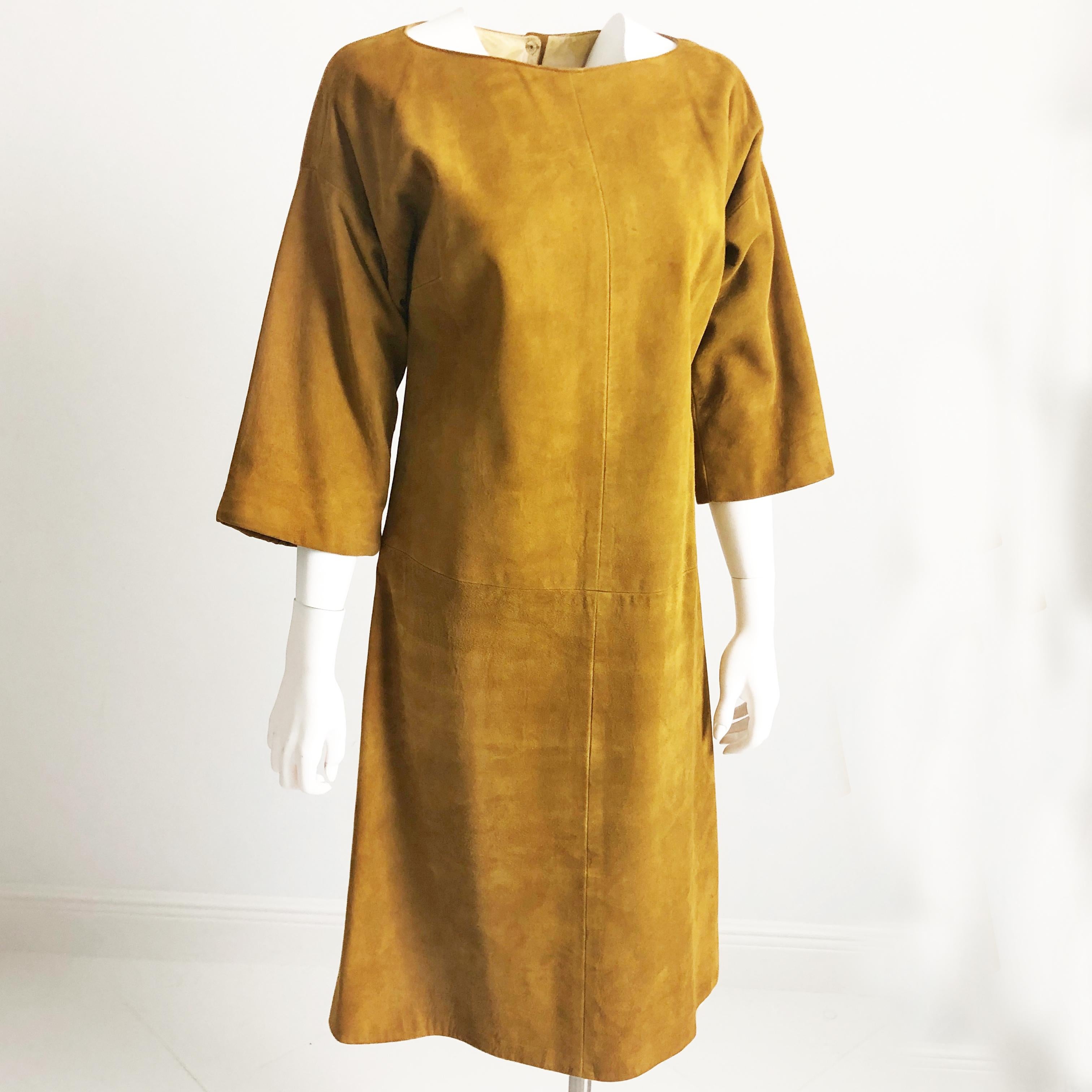 Women's or Men's Bonnie Cashin for Sills Dress Gold Suede Leather Kimono Style Sleeves Rare 1960s For Sale