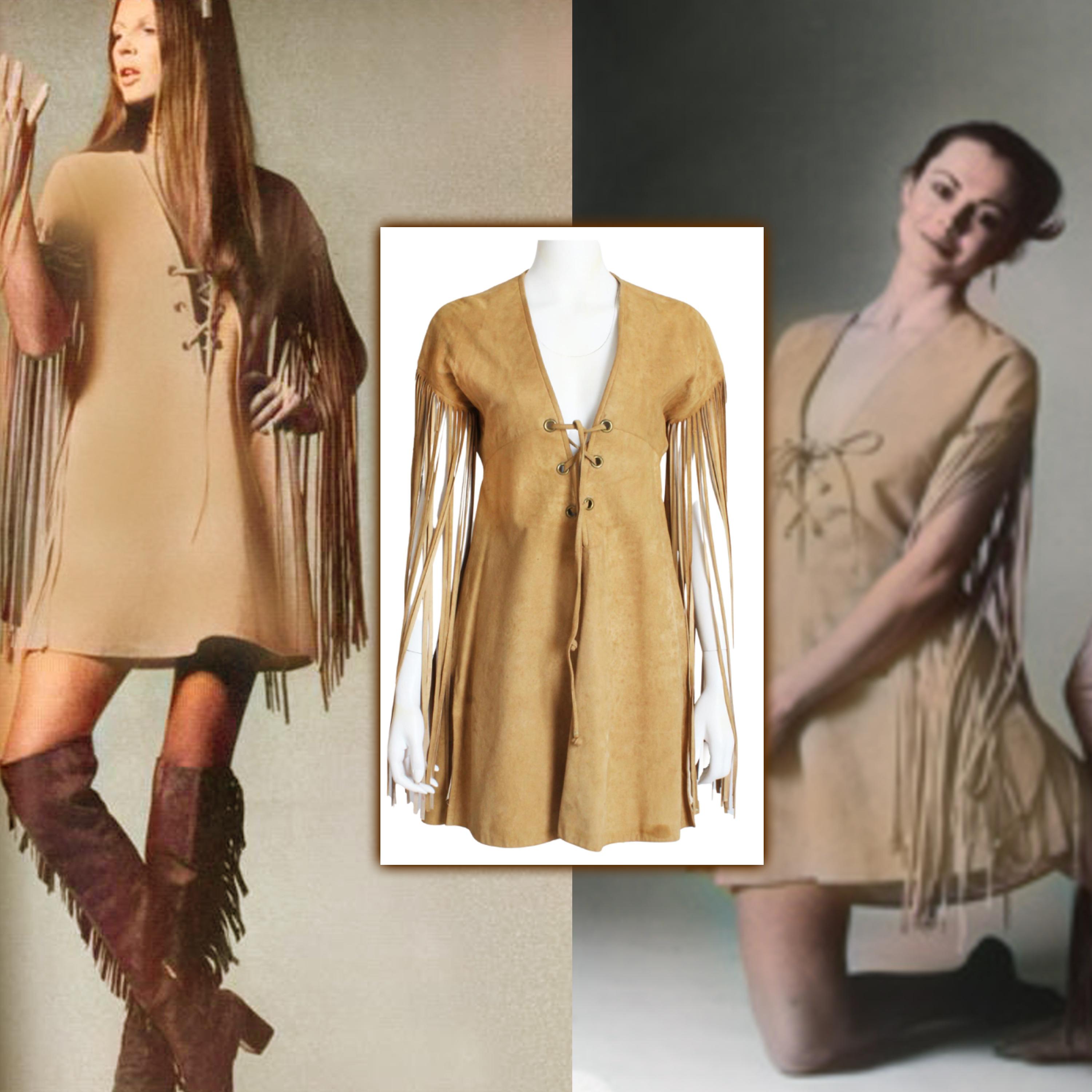 Fabuloso vestido túnica de gamuza Bonnie Cashin for Sills con flecos, probablemente fabricado a principios de los años 70.  ¡Un unicornio!

Se puede ver un diseño similar en el boceto de moda de Bonnie Cashin titulado 