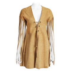 Bonnie Cashin for Sills Abito lungo con frange Tunica in pelle scamosciata Vintage anni '70 Raro