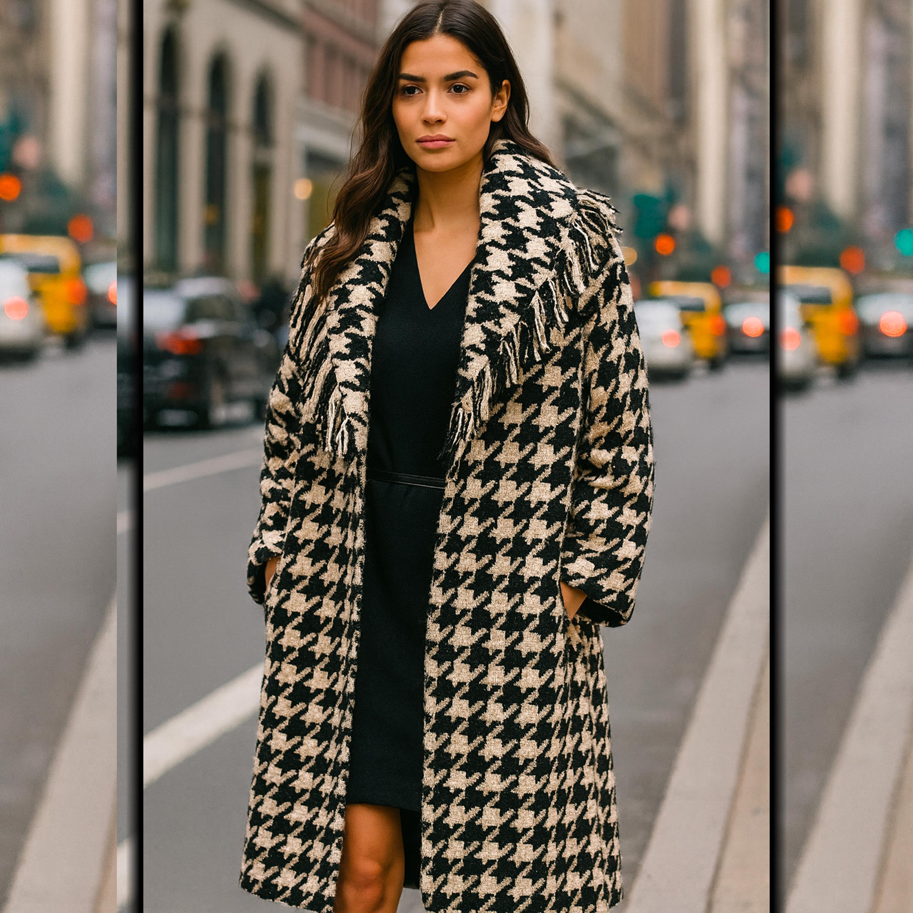 Grigio Bonnie Cashin for Sills Cappotto e gonna in lana bouclé pied-de-poule con frange e collo a scialle in vendita