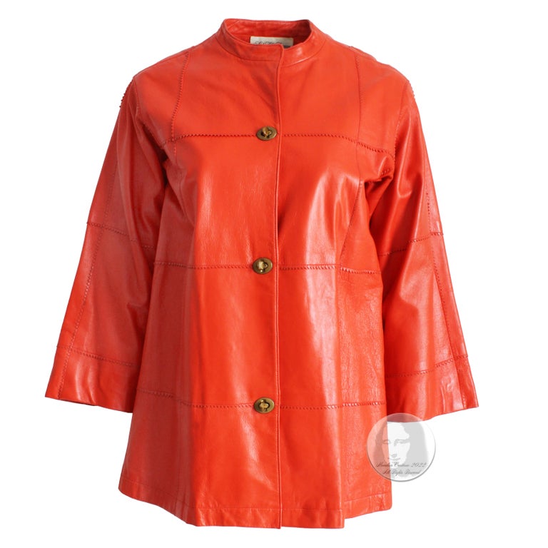 Bonnie Cashin for Sills Leather Jacket Kimono Sleeves Orange Zig Zag