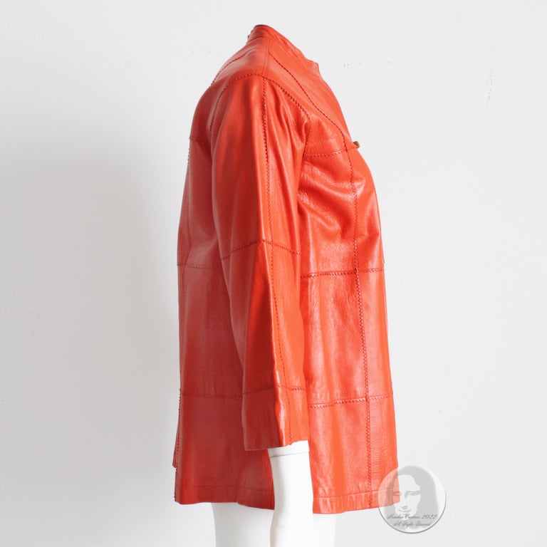 Bonnie Cashin for Sills Leather Jacket Kimono Sleeves Orange Zig Zag