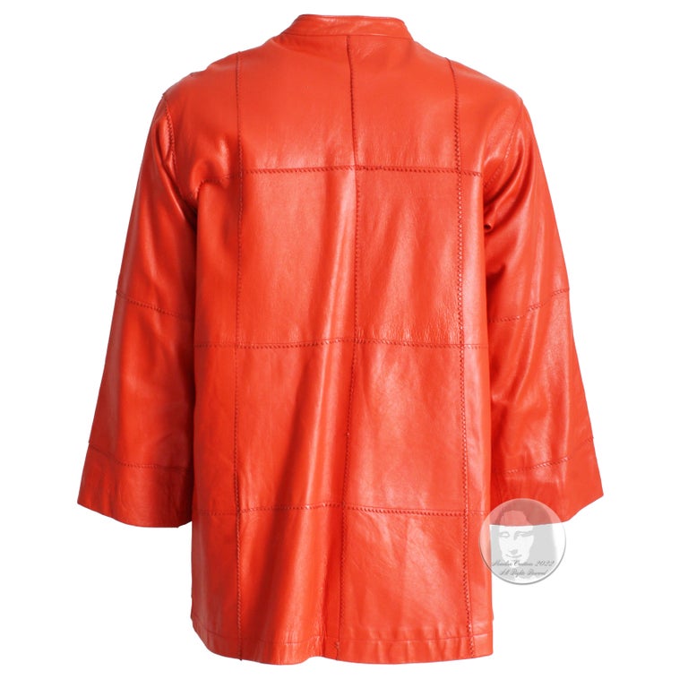 Bonnie Cashin for Sills Leather Jacket Kimono Sleeves Orange Zig Zag