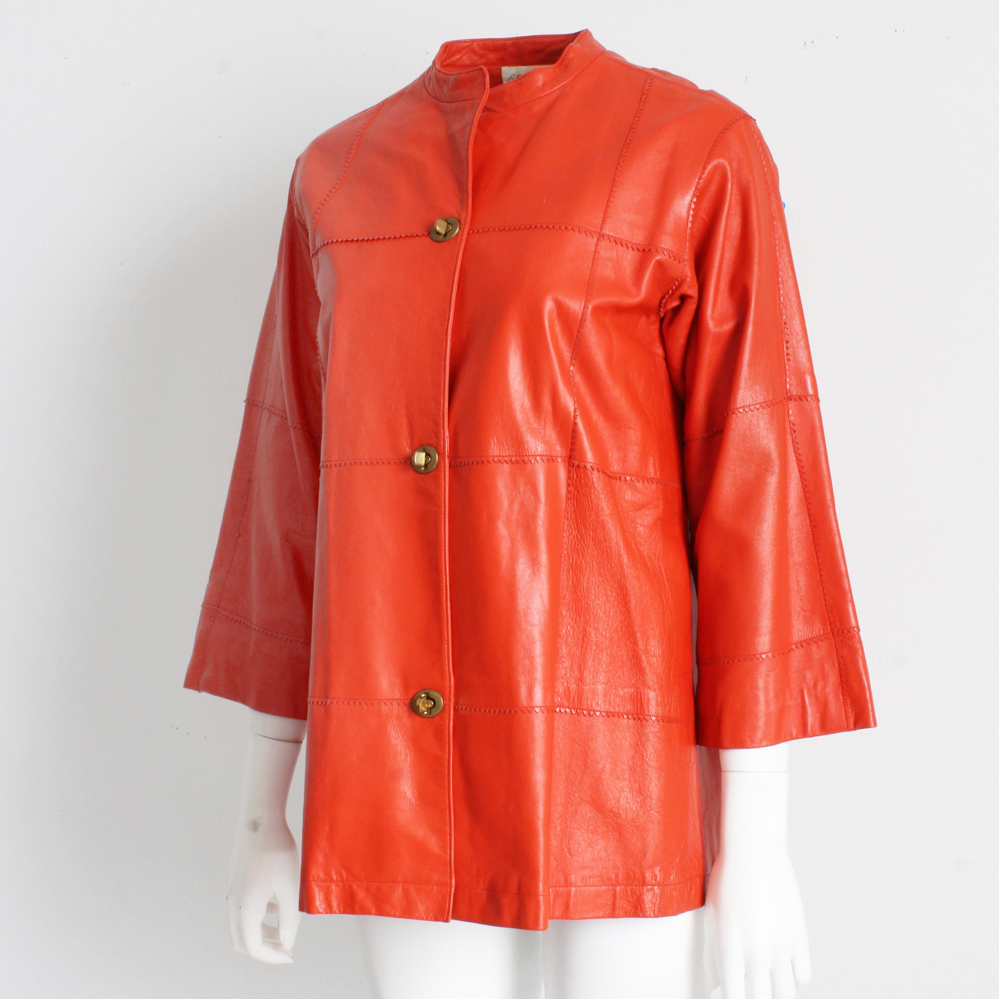 Bonnie Cashin for Sills Leather Jacket Kimono Sleeves Orange Zig Zag Edges Rare  For Sale 2