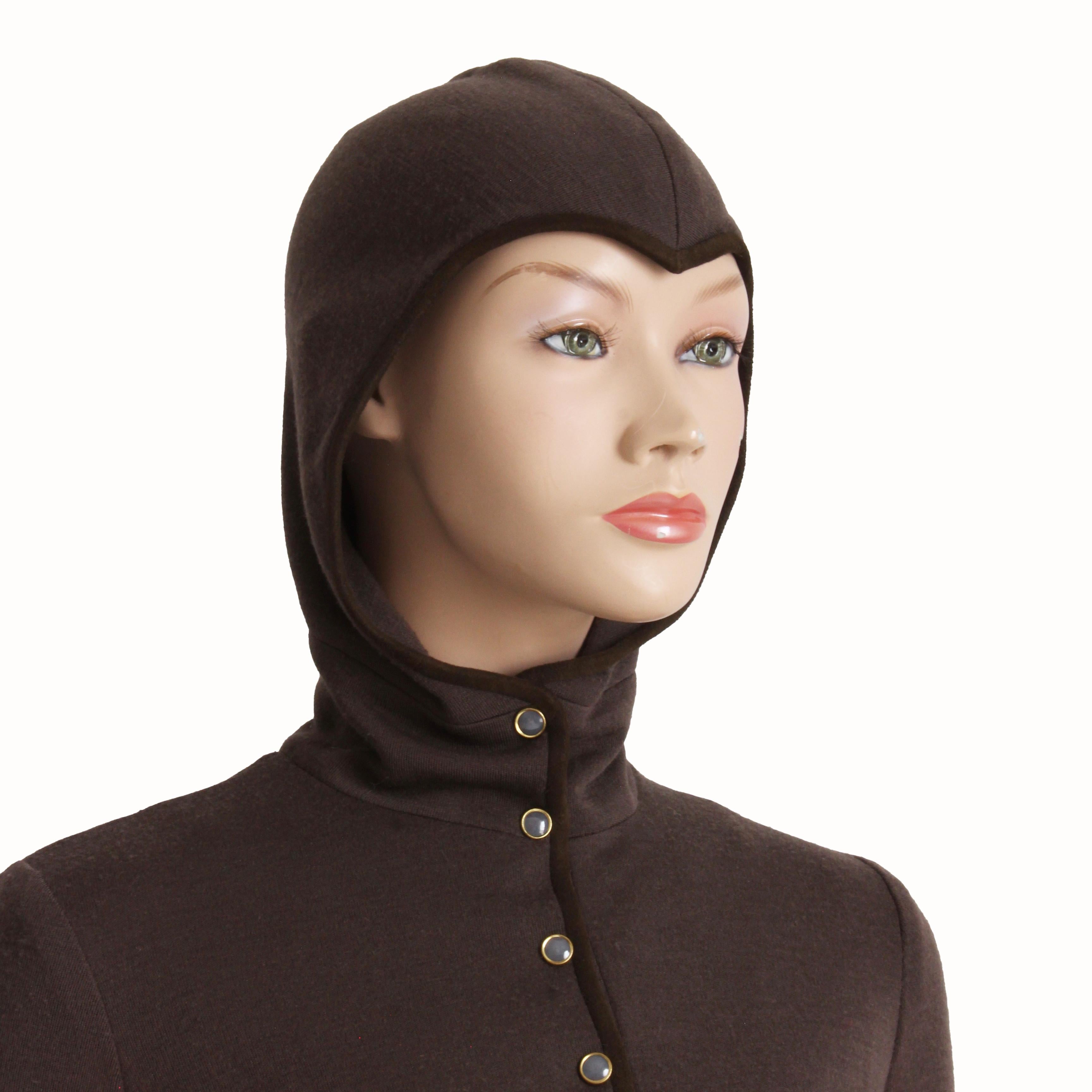 Noir Bonnie Cashin for Sills Madonna Hood Mini Dress Brown Knit Suede Trim 60s Rare en vente