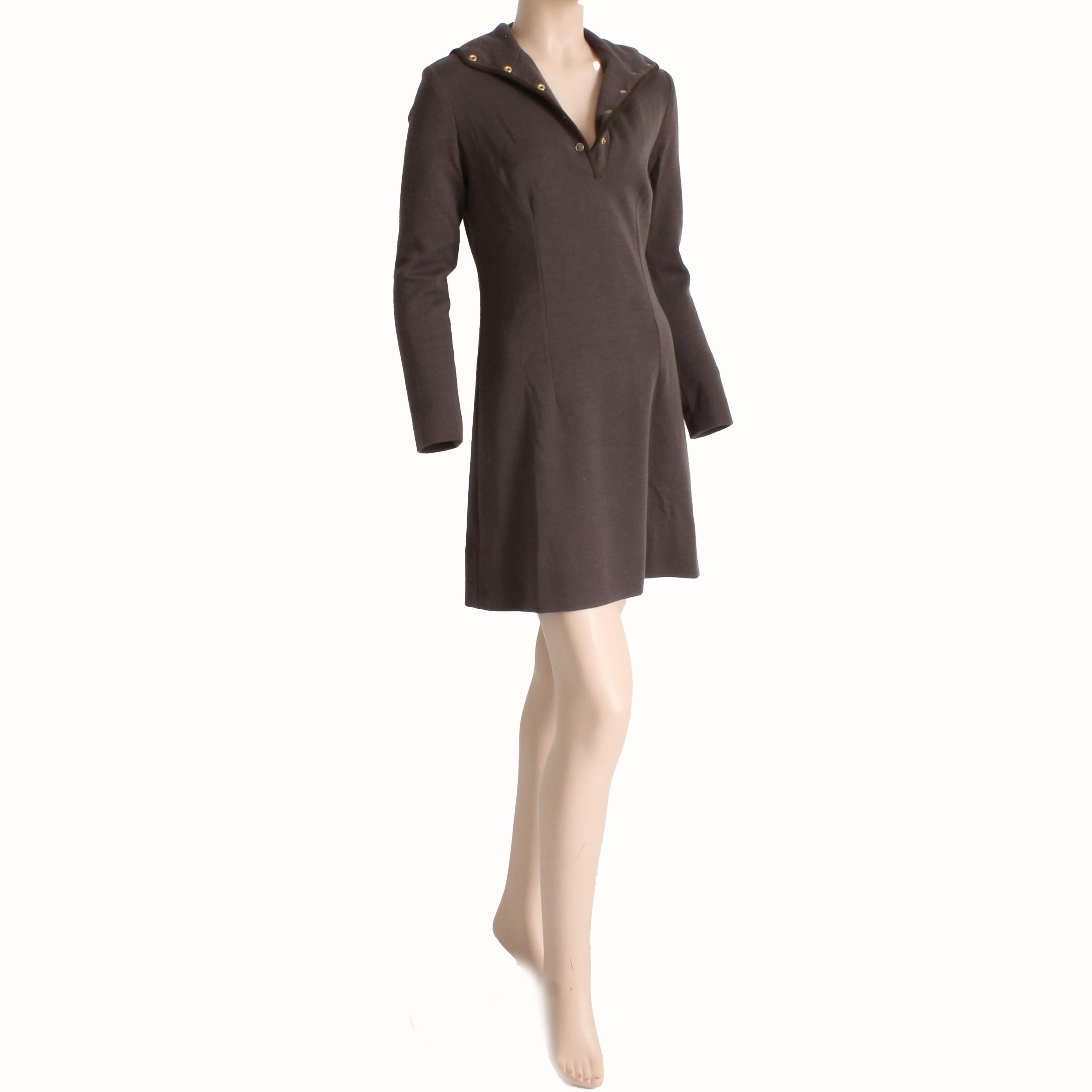 Bonnie Cashin for Sills Madonna Hood Mini Dress Brown Knit Suede Trim 60s Rare en vente 1