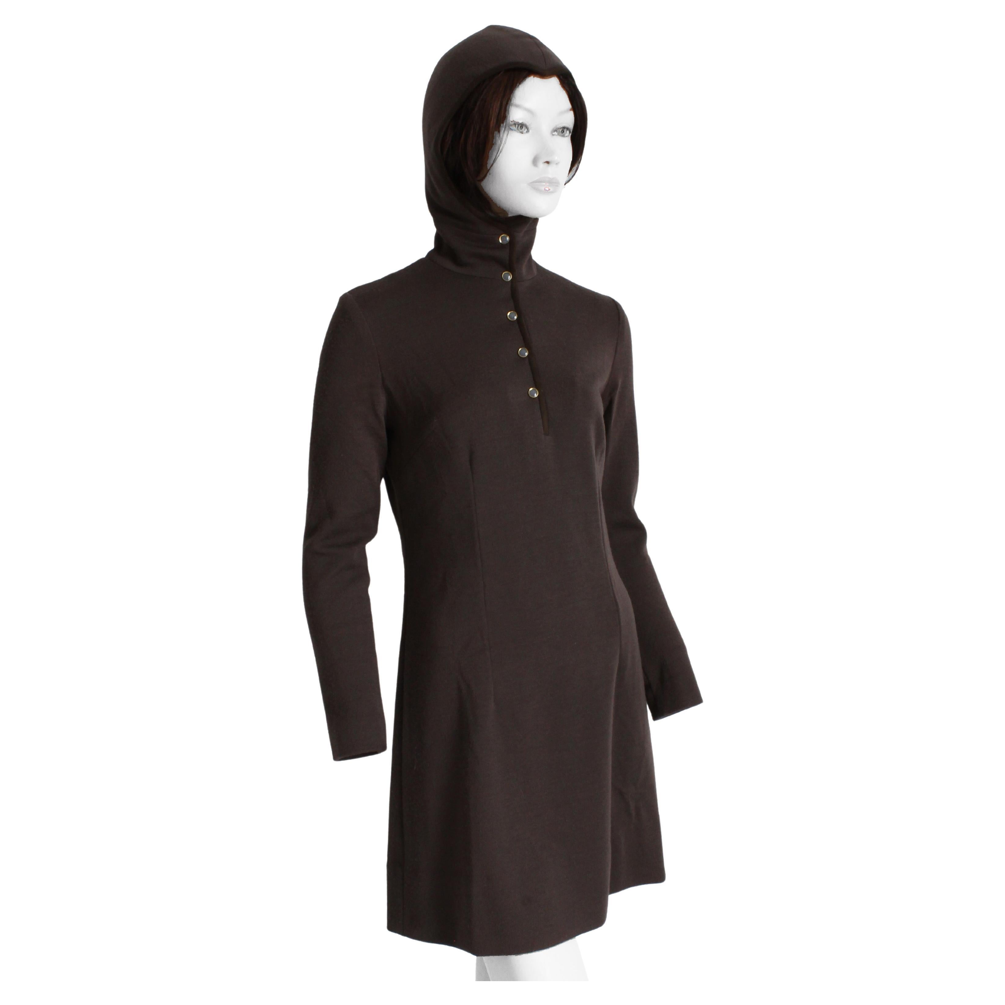 Bonnie Cashin for Sills Madonna Hood Mini Dress Brown Knit Suede Trim 60s Rare en vente