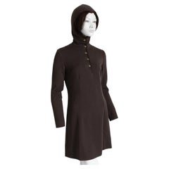 Bonnie Cashin for Sills Madonna Hood Mini Dress Brown Knit Suede Trim 60s Rare