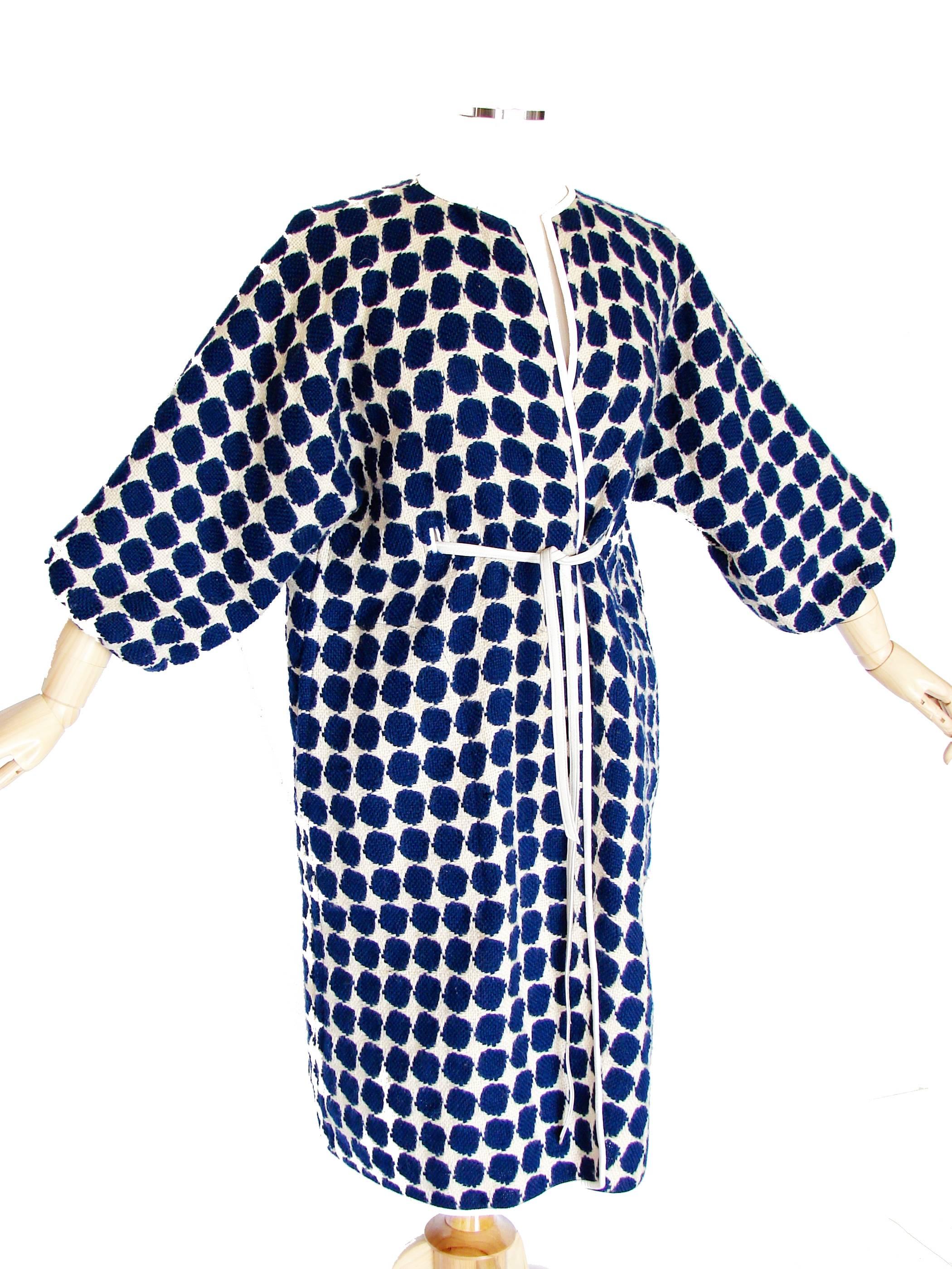 Purple Bonnie Cashin for Sills Op Art Blue White Wool Leather Trim NOH Coat, 1960s