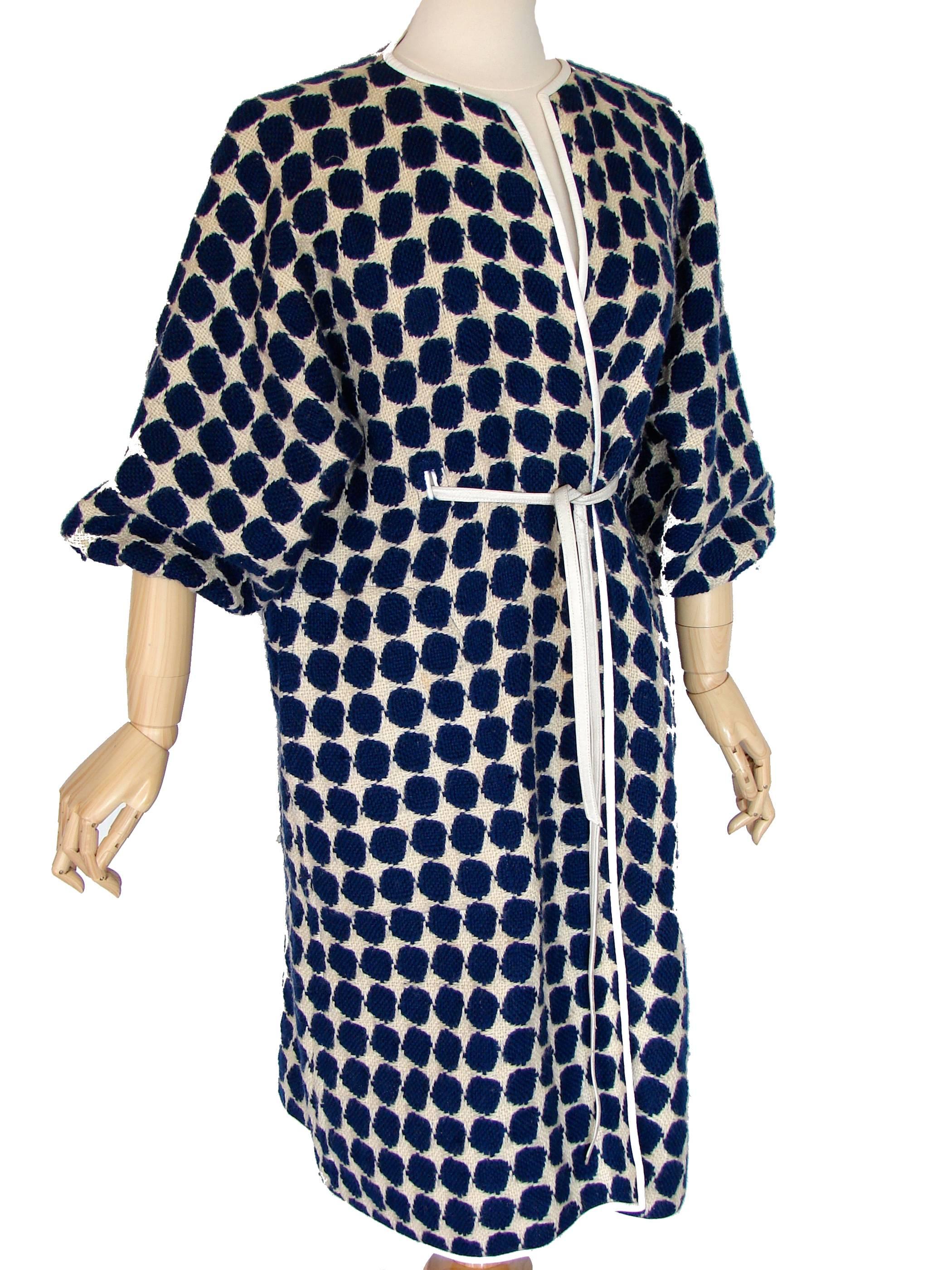 Bonnie Cashin for Sills Op Art Blue White Wool Leather Trim NOH Coat, 1960s  In Good Condition In Port Saint Lucie, FL