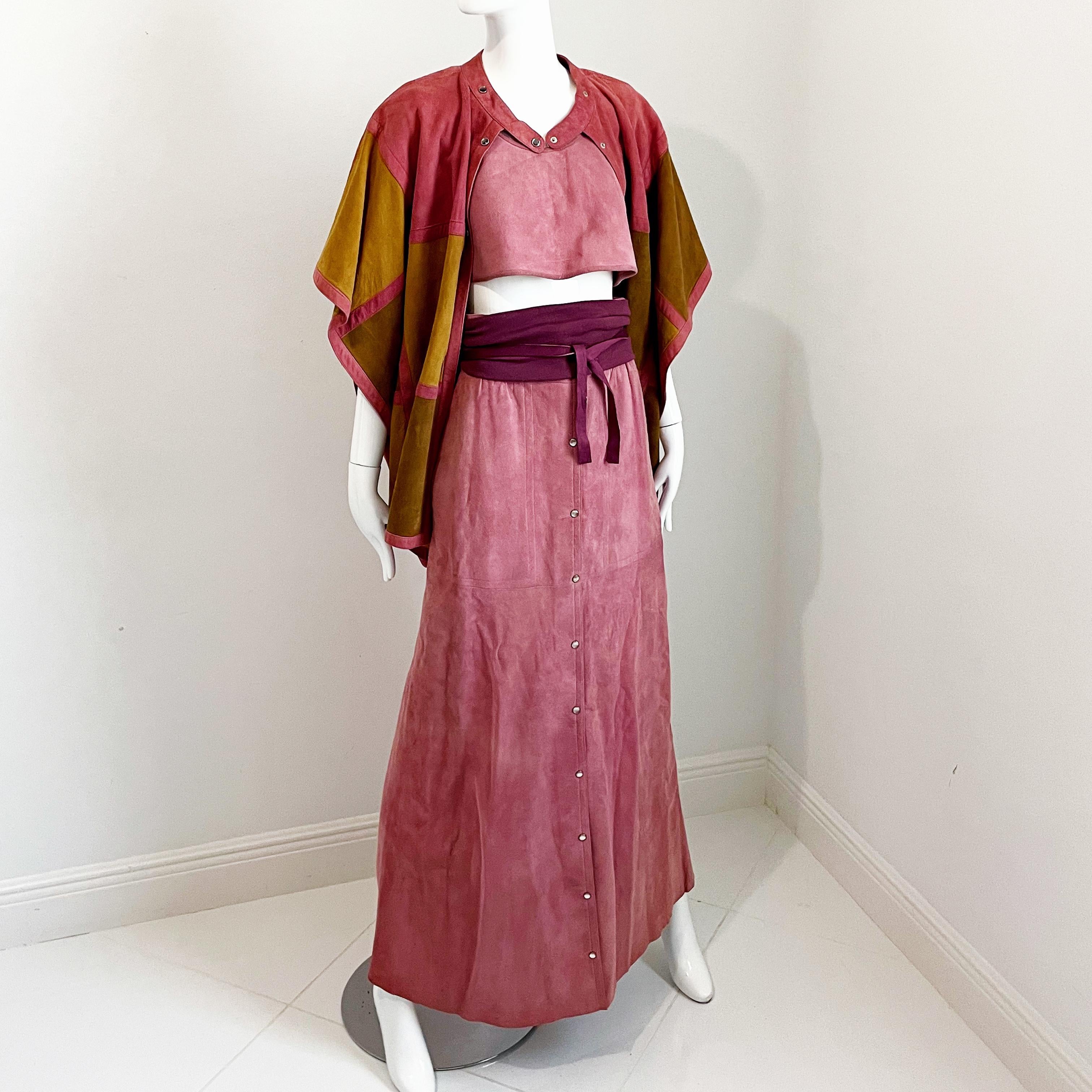 Brown Bonnie Cashin for Sills Pink Suede Skirt Set 3pc Top Skirt and Belt Rare S 1970s For Sale