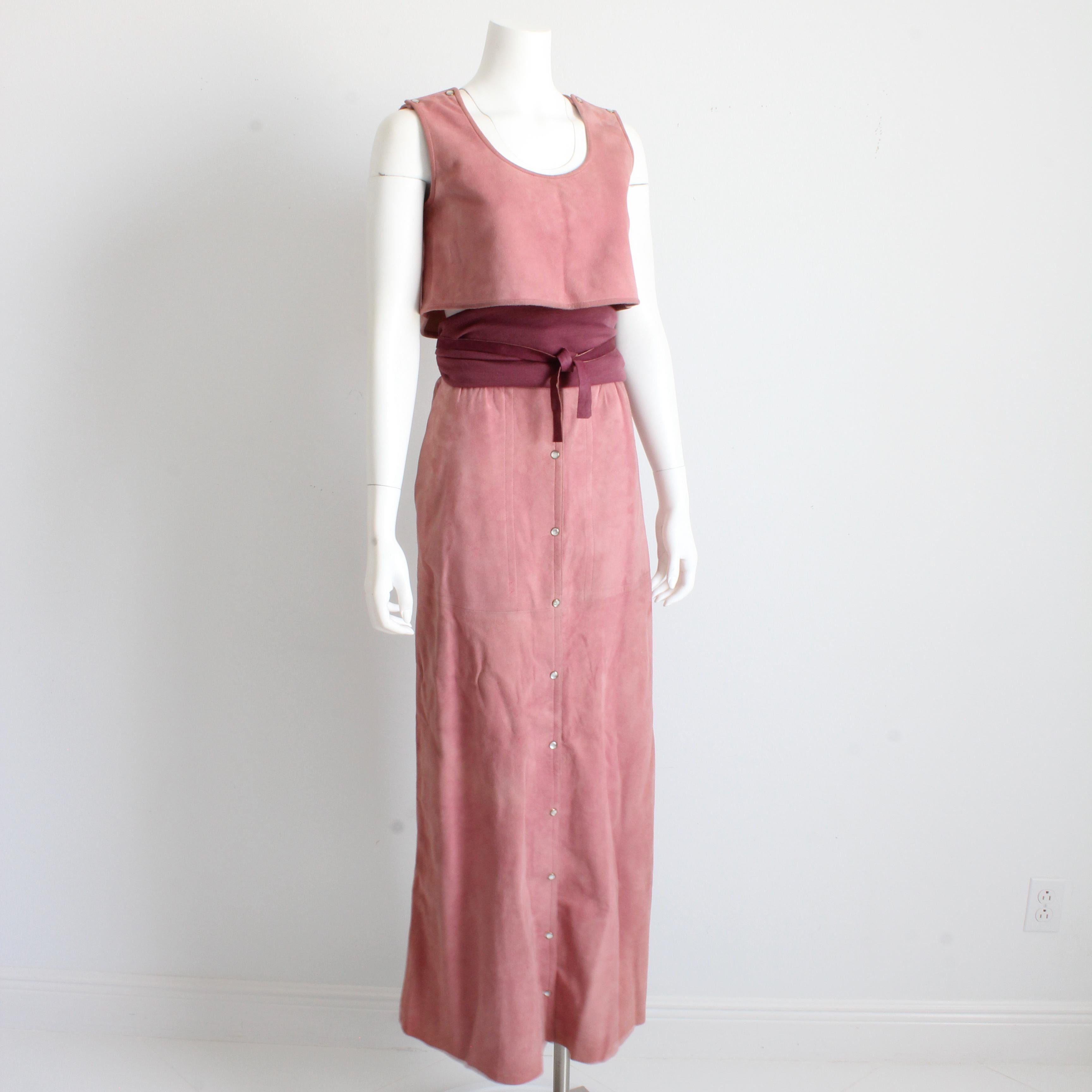 Bonnie Cashin for Sills Pink Suede Skirt Set 3pc Top Skirt and Belt Rare S 1970s In Fair Condition For Sale In Port Saint Lucie, FL