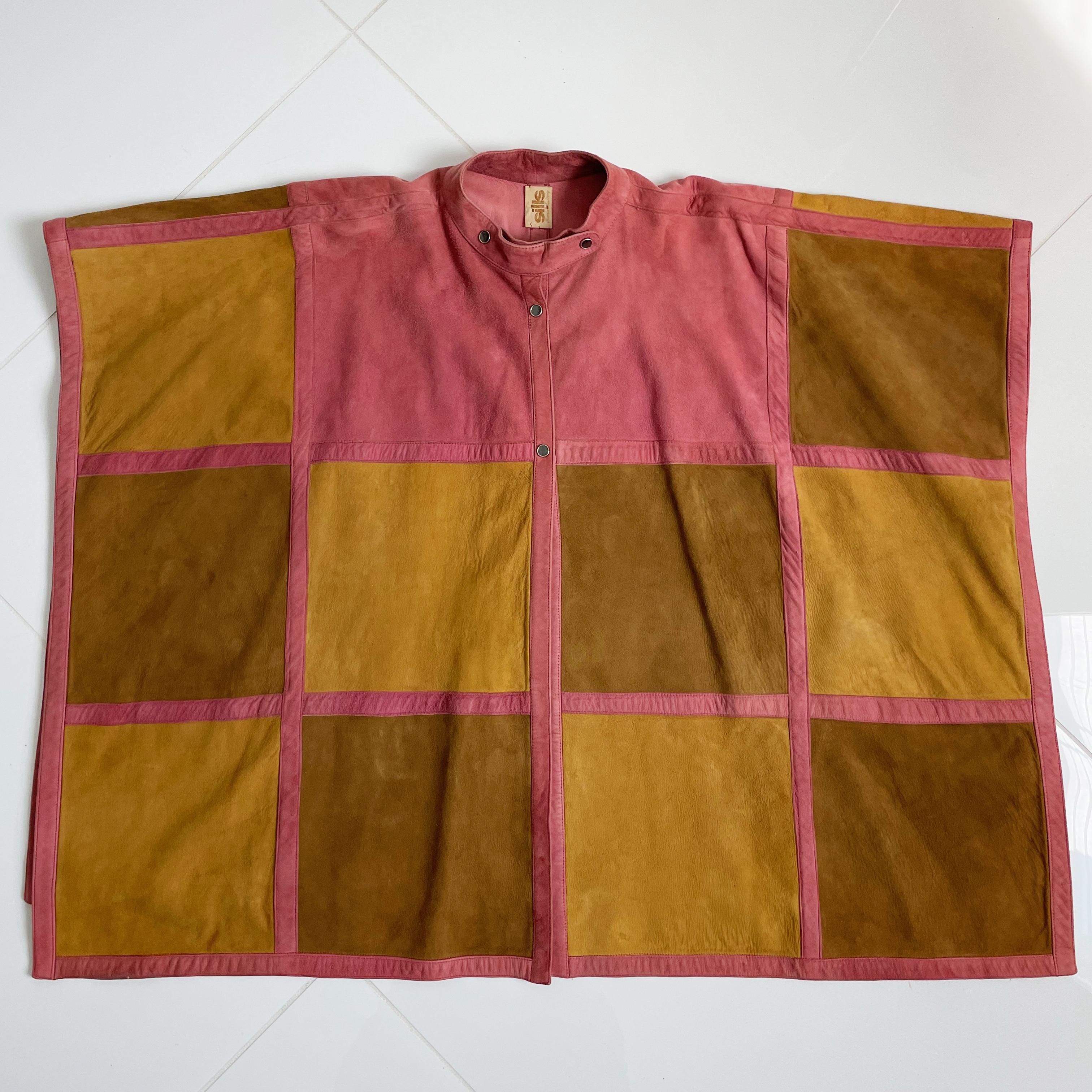 Bonnie Cashin for Sills Poncho cape en daim rose et olive patchwork vintage, années 70 en vente 6