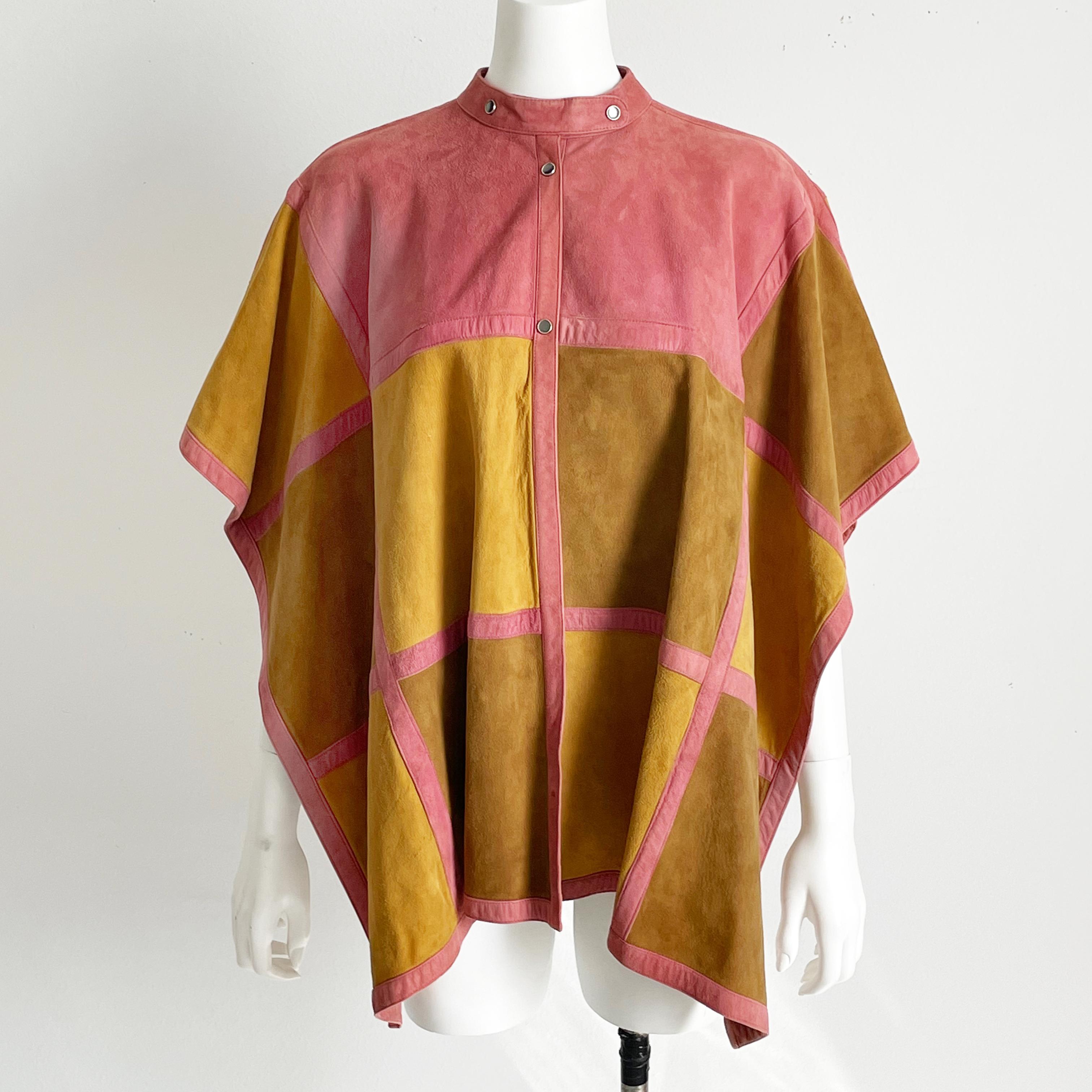 Women's or Men's Bonnie Cashin for Sills Poncho Cape Suede Patchwork Pink Olive Vintage 70s S/M For Sale