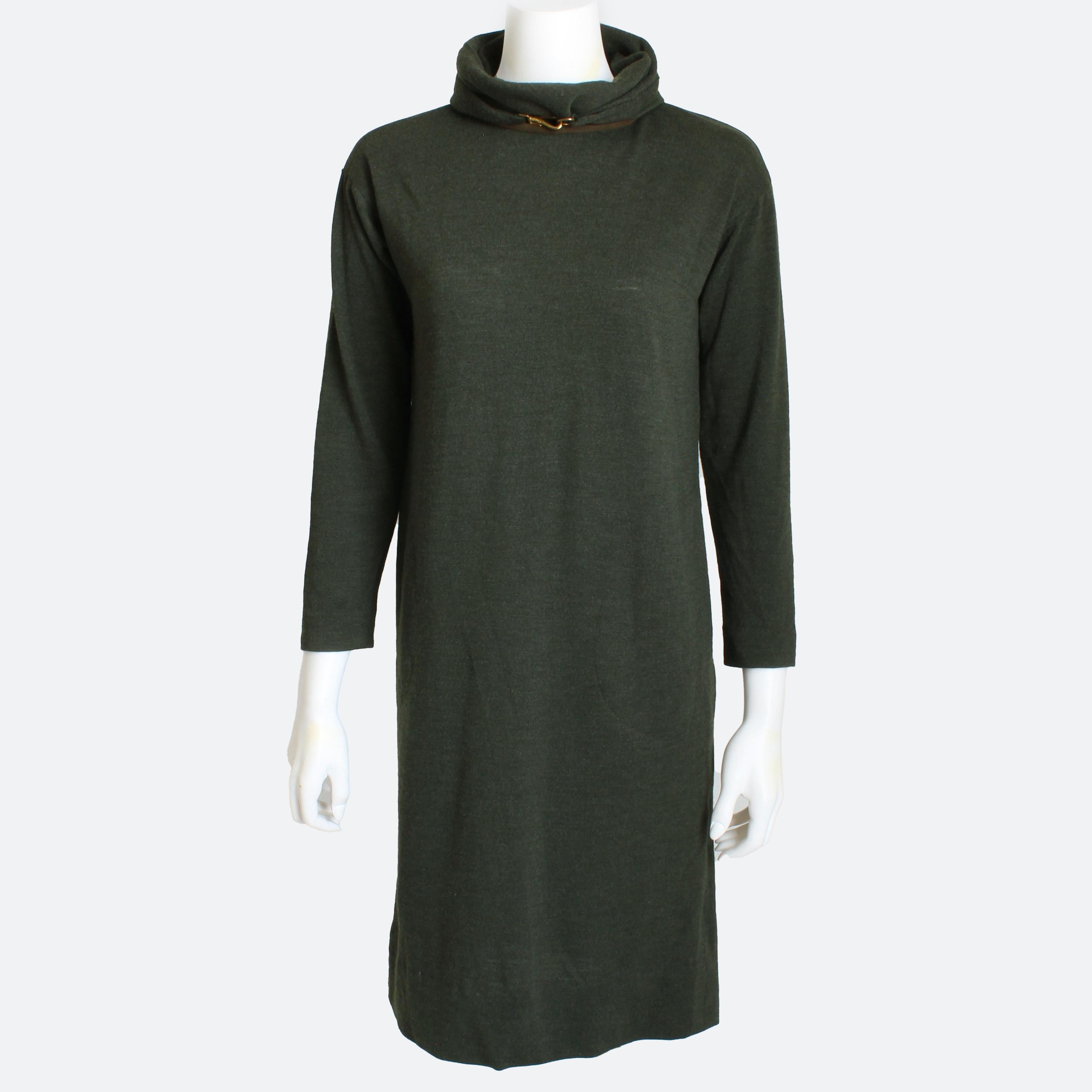 Bonnie Cashin for Sills soft wool dress with collar, suede trim and adjustable dog leash clasp, likely made in the 60s.  Made from a Loden green hued wool knit, it features an adjustable collar with dog leash clasp that can be styled in various ways