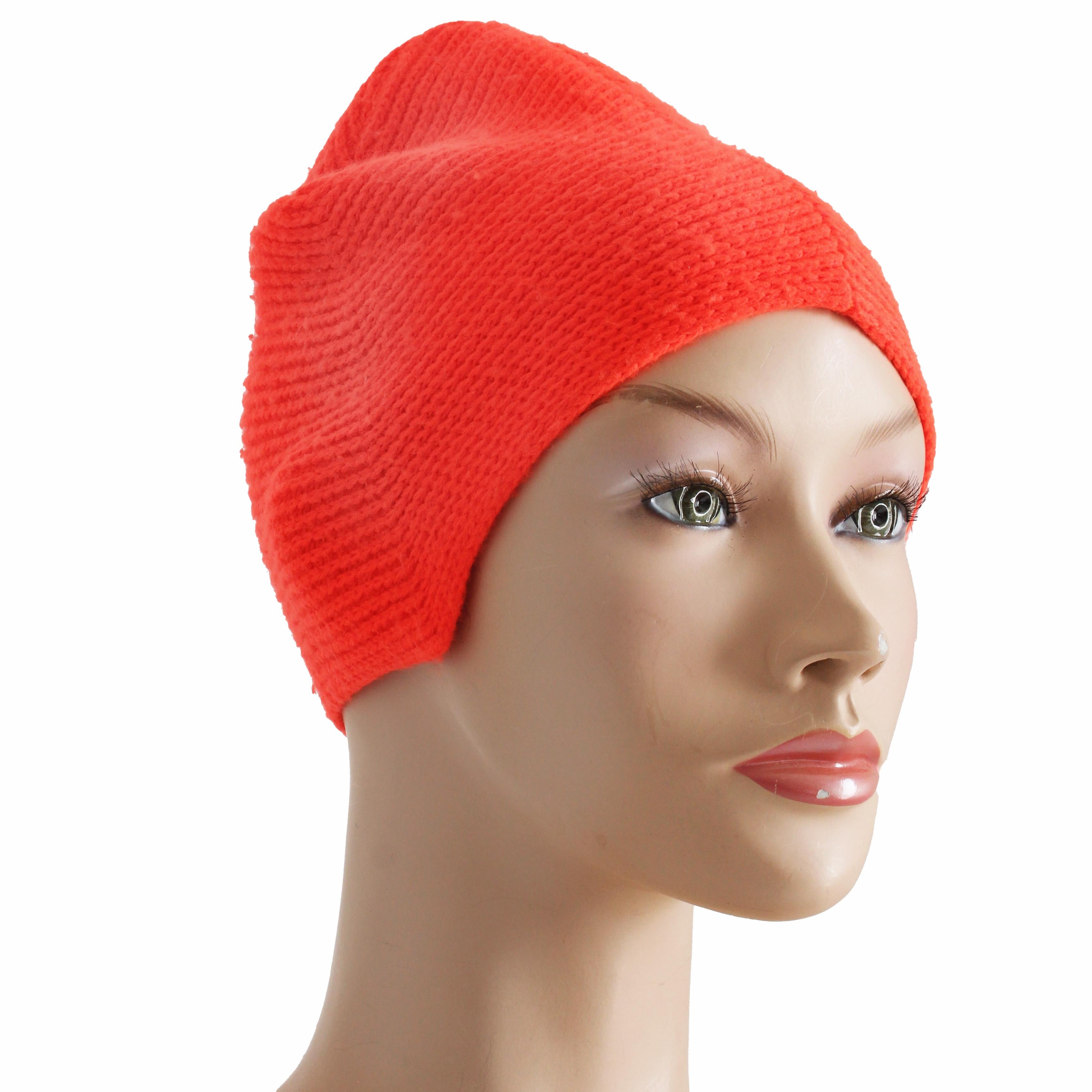 Bonnie Cashin Knit Cap Hat Mod High Top Ear Flap Beanie Orange Wool OSFM Vintage In Good Condition In Port Saint Lucie, FL