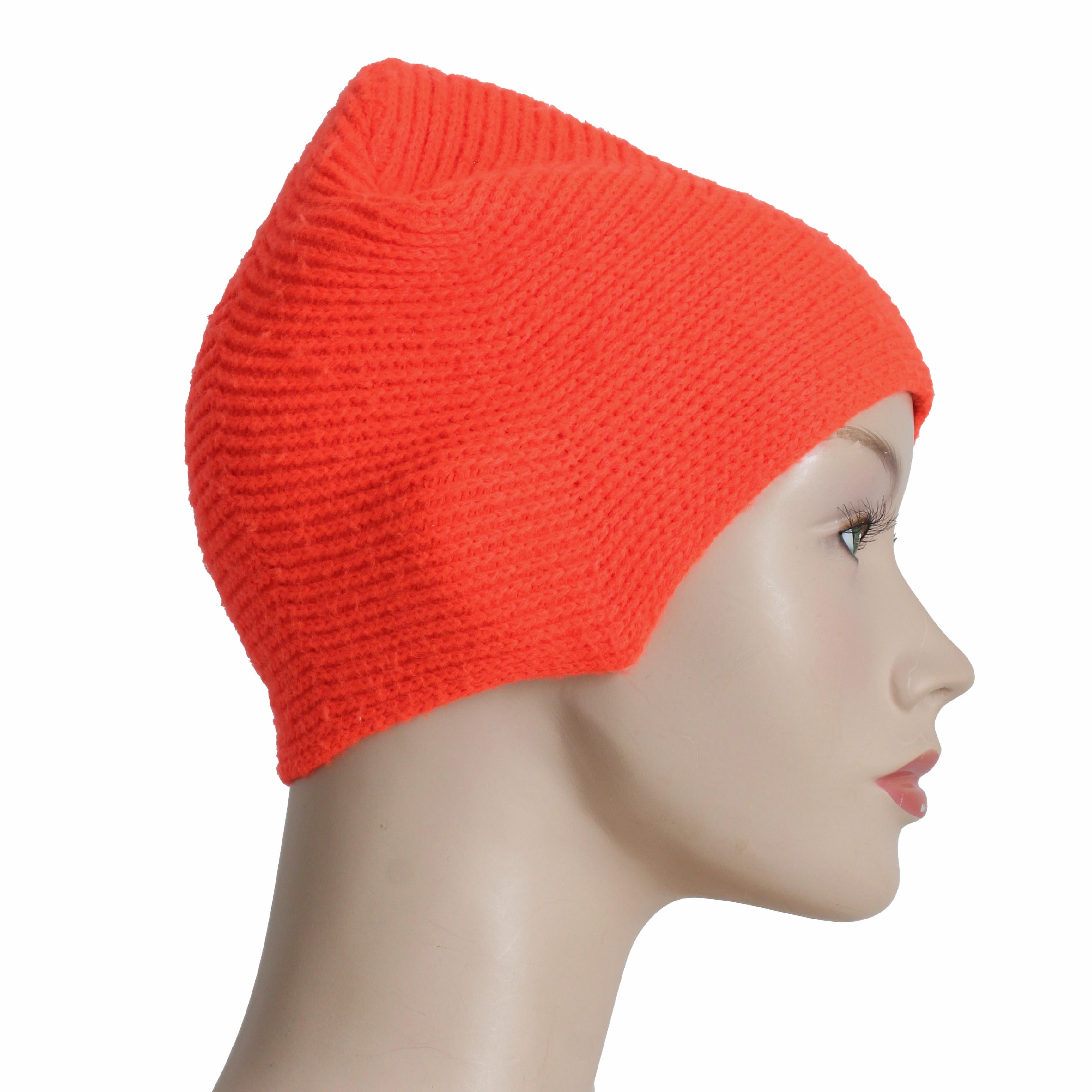 Women's or Men's Bonnie Cashin Knit Cap Hat Mod High Top Ear Flap Beanie Orange Wool OSFM Vintage