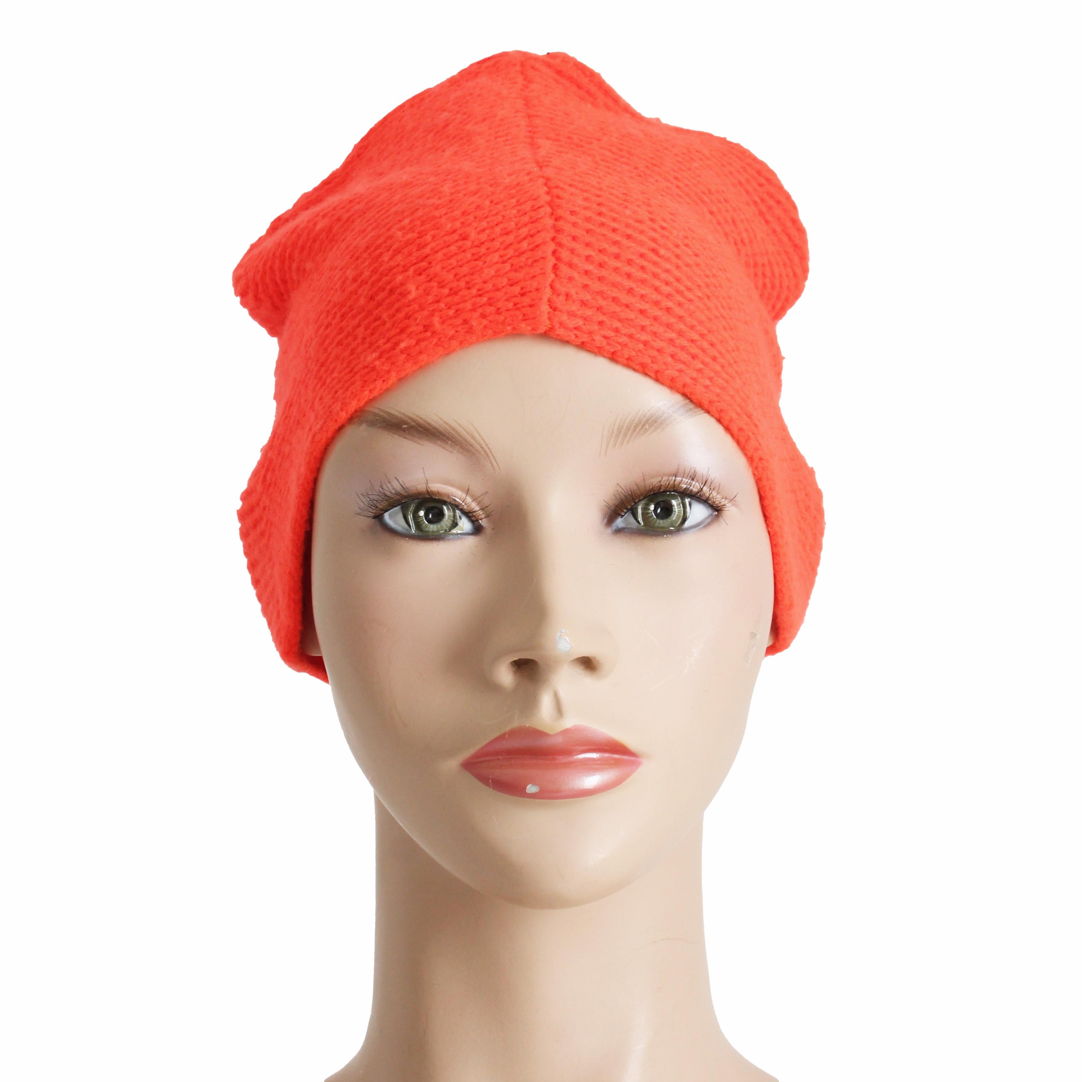 Bonnie Cashin Knit Cap Hat Mod High Top Ear Flap Beanie Orange Wool OSFM Vintage 1