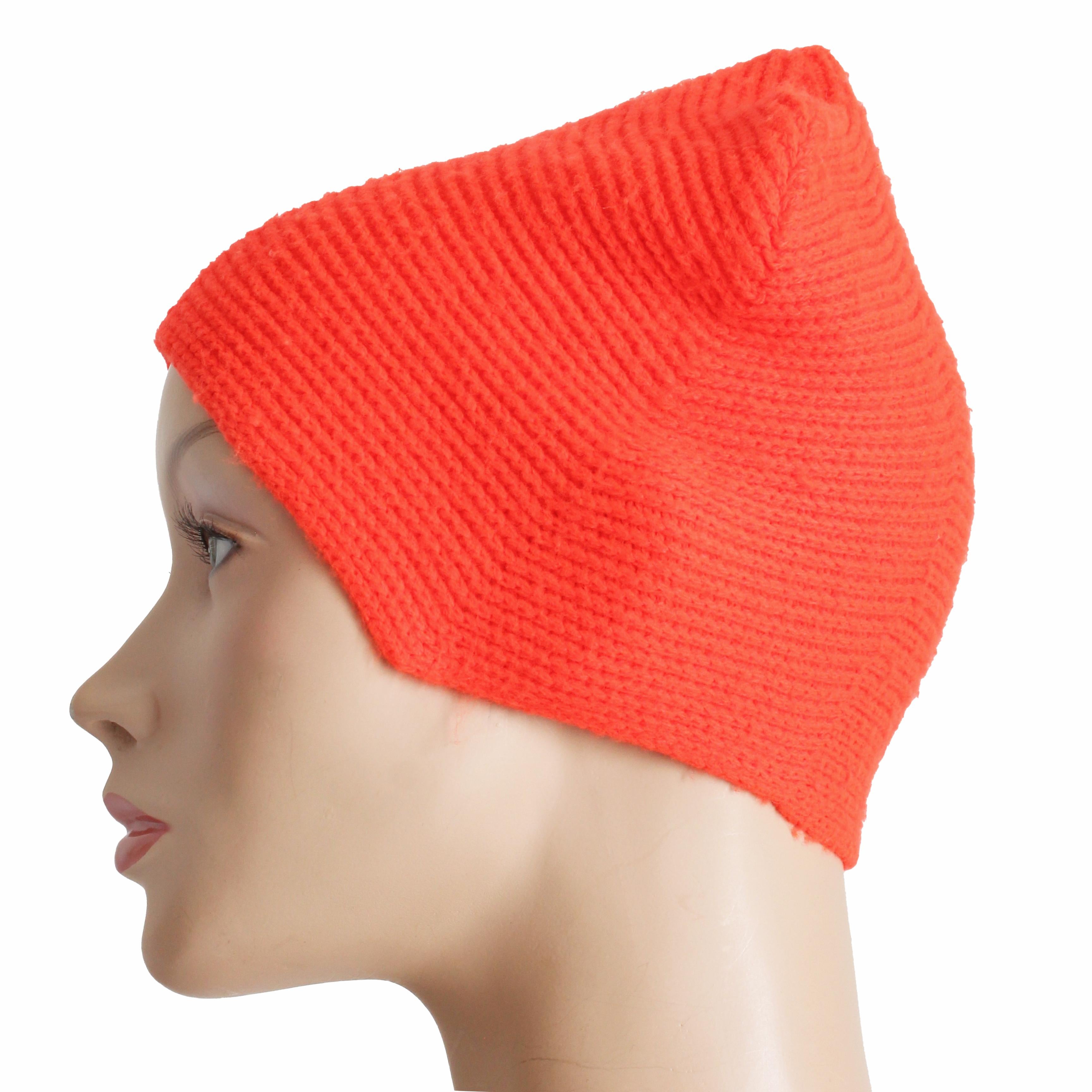 Bonnie Cashin Knit Cap Hat Mod High Top Ear Flap Beanie Orange Wool OSFM Vintage 3